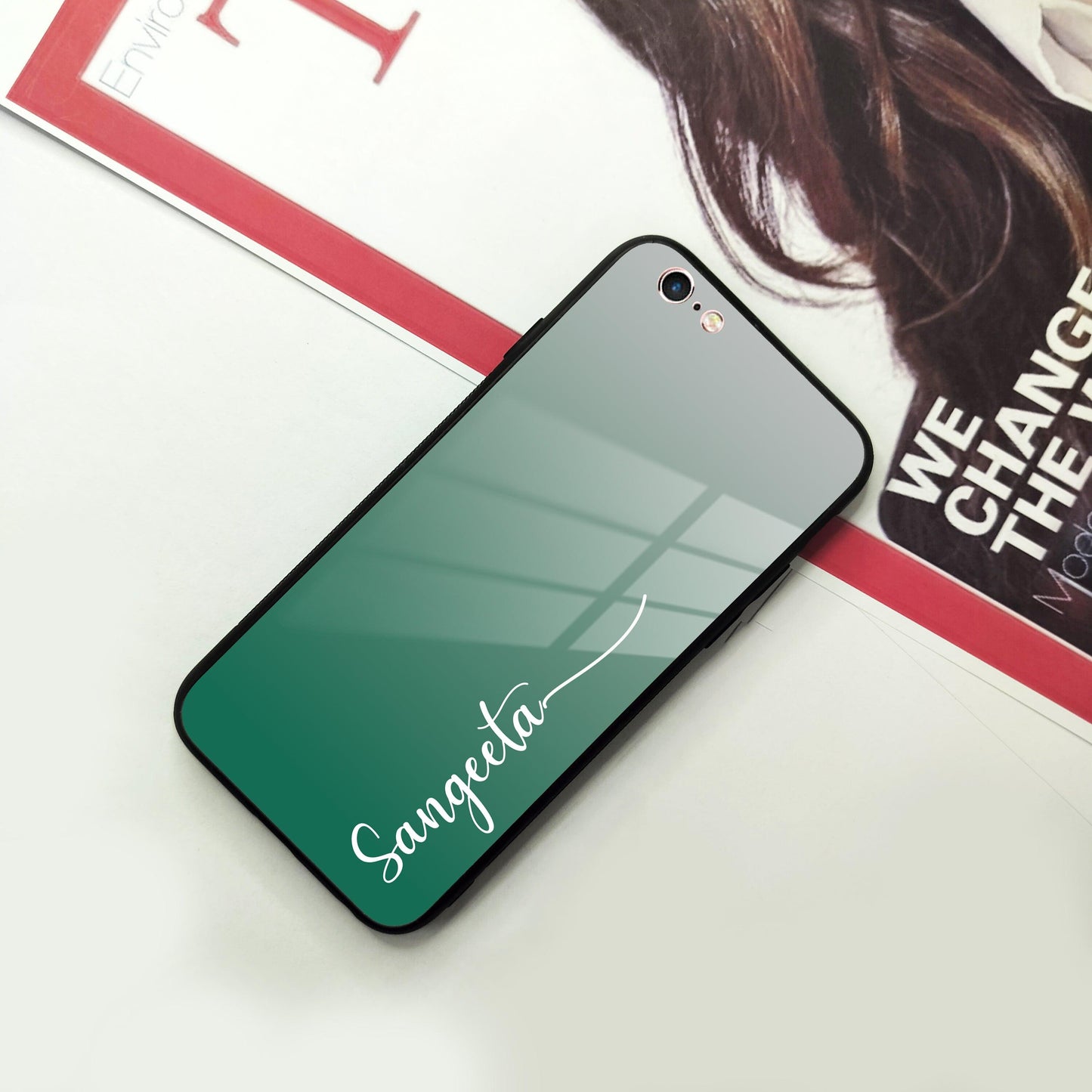 Customize Name Gradient Glass Case Cover Green For iPhone