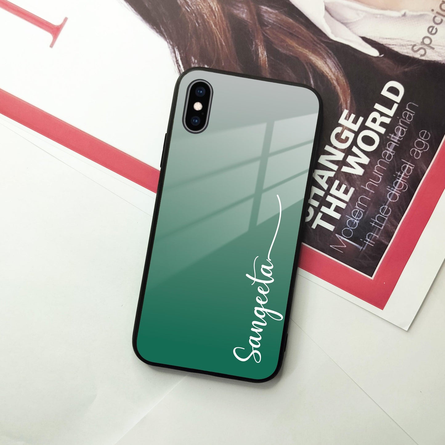 Customize Name Gradient Glass Case Cover Green For iPhone