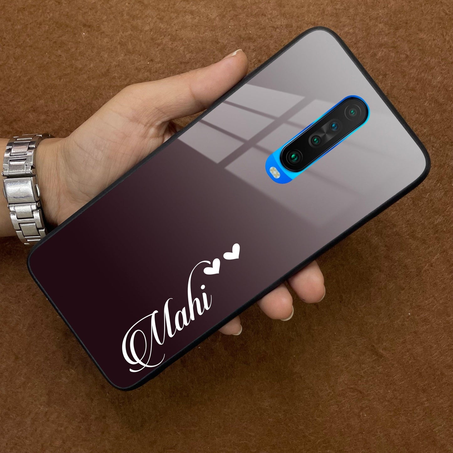 Customize Name Gradient Glass Case Cover Grey For Poco