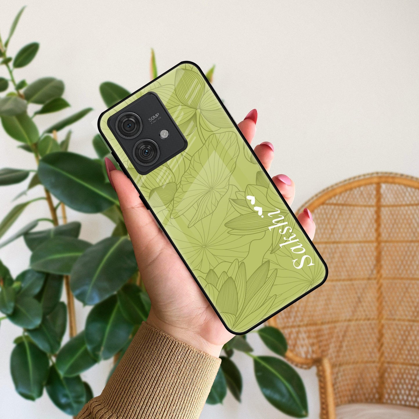 Customized luxury Mint Green leaves Glossy Metal Case Cover For Motorola