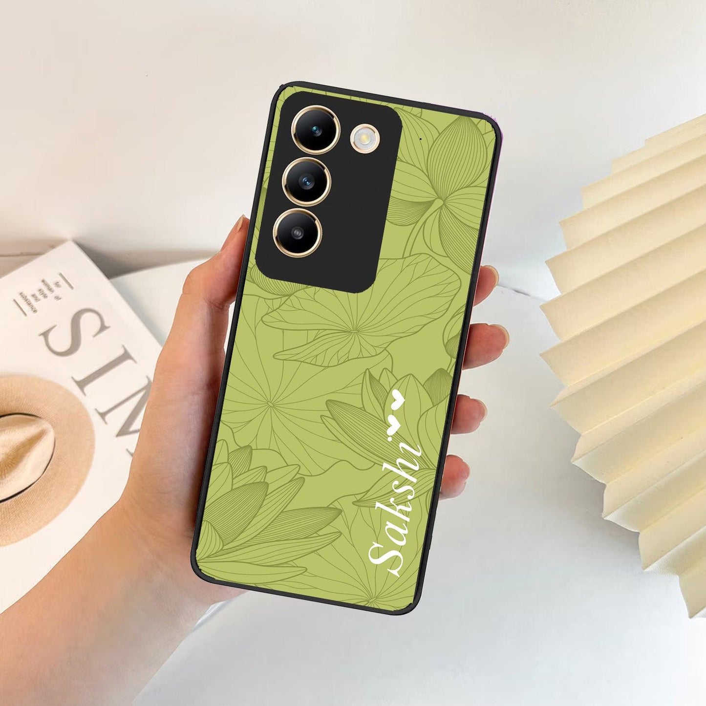 Customized luxury Mint Green leaves Glossy Metal Case Cover For Vivo
