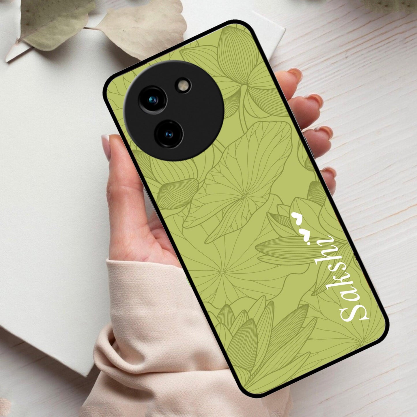 Customized luxury Mint Green leaves Glossy Metal Case Cover For Vivo