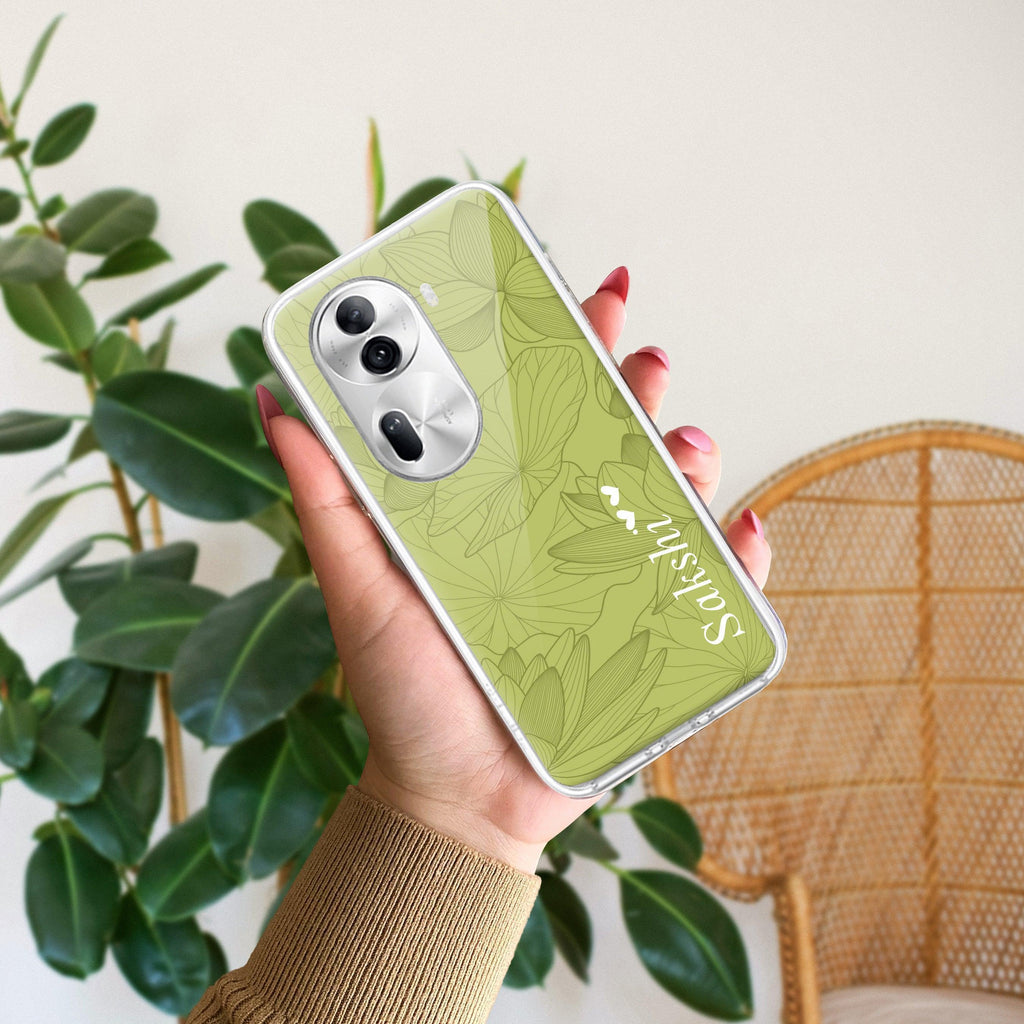 Customized luxury Mint Green leaves Transparent Silicon Case For Oppo Reno 11 Pro 5G