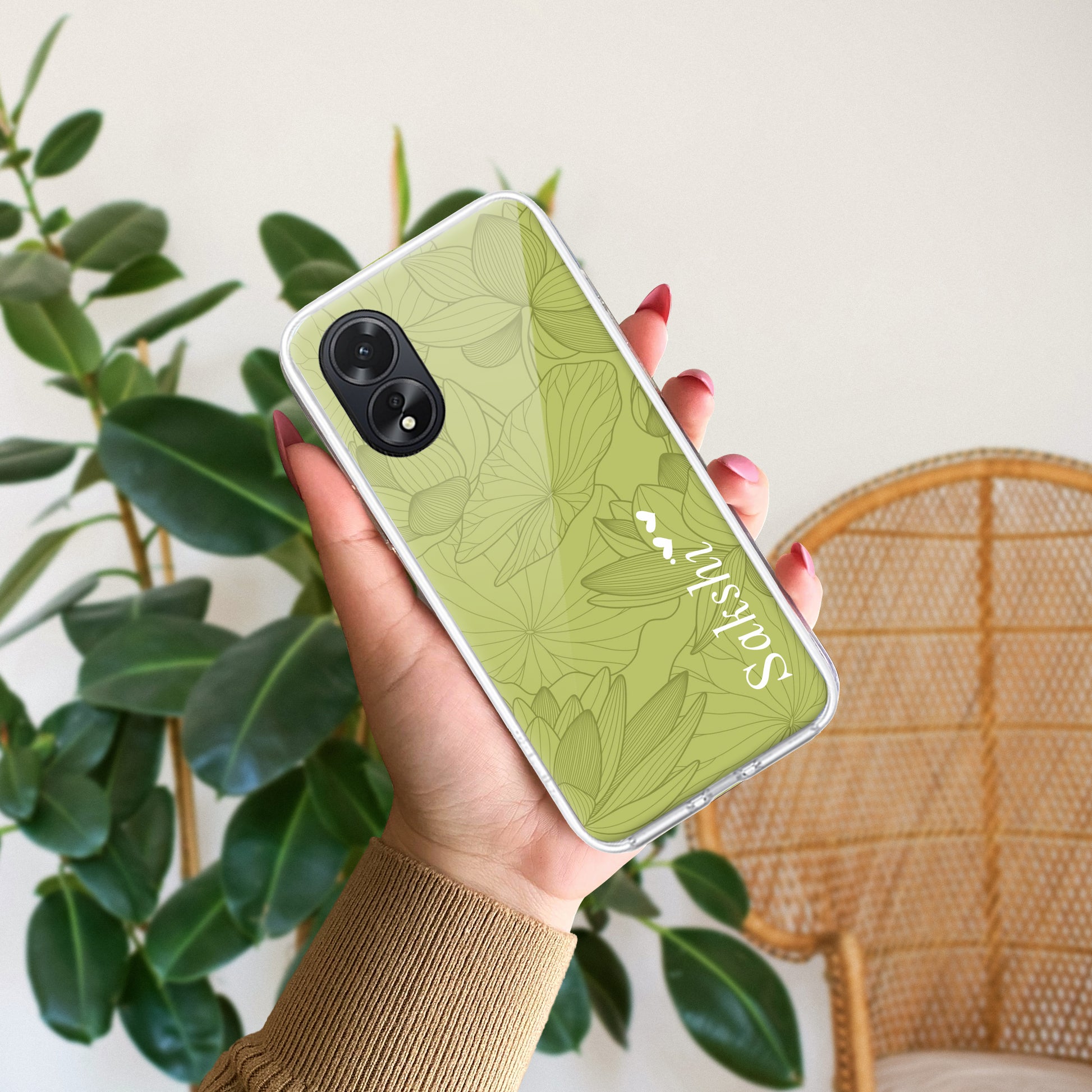 Customized luxury Mint Green leaves Transparent Silicon Case For Oppo ShopOnCliQ