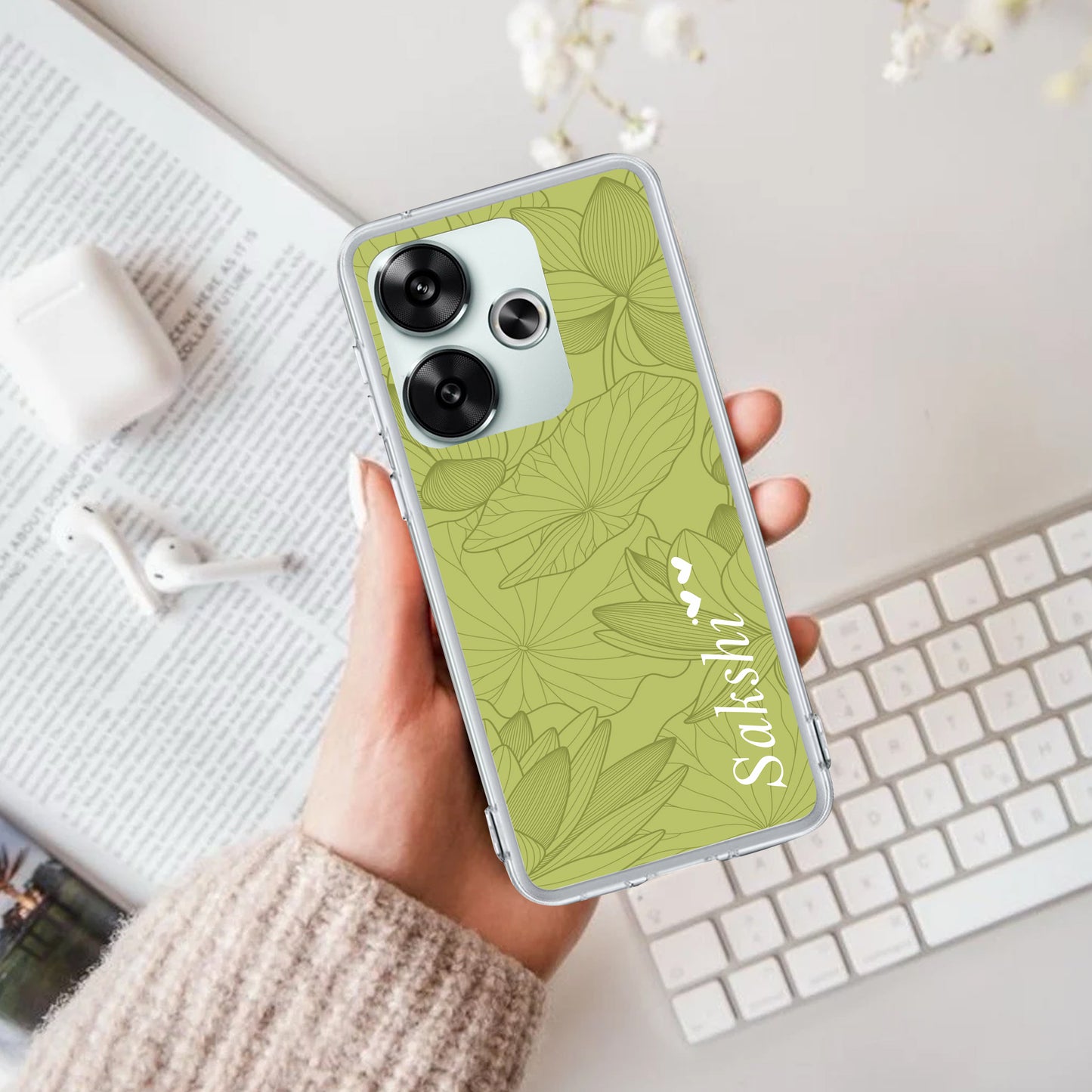 Customized luxury Mint Green leaves Transparent Silicon Case For Poco - ShopOnCliQ