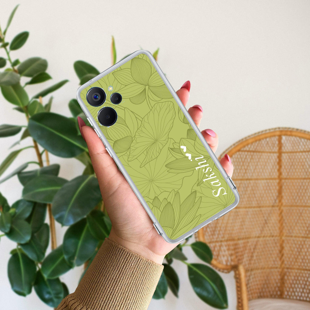 Customized luxury Mint Green leaves Transparent Silicon Case For Realme C35 / Realme Narzo 50A Prime