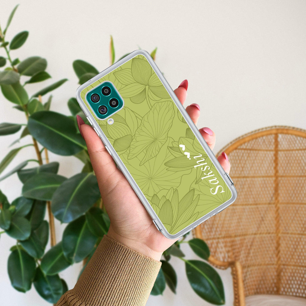 Customized luxury Mint Green leaves Transparent Silicon Case For Samsung Galaxy F62