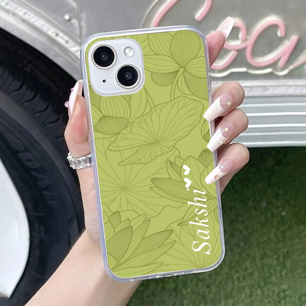Customized luxury Mint Green leaves Transparent Silicon Case For iPhone 14 Plus