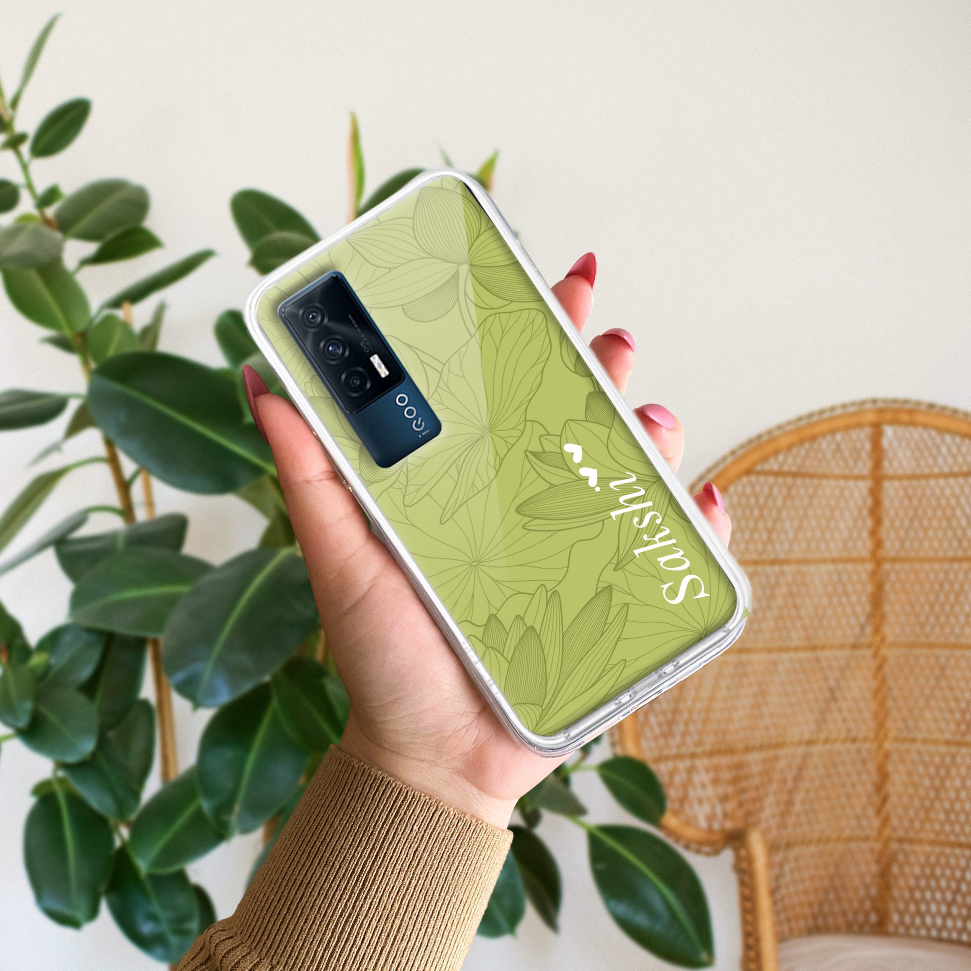 Customized luxury Mint Green leaves Transparent Silicon Case For iQOO ShopOnCliQ