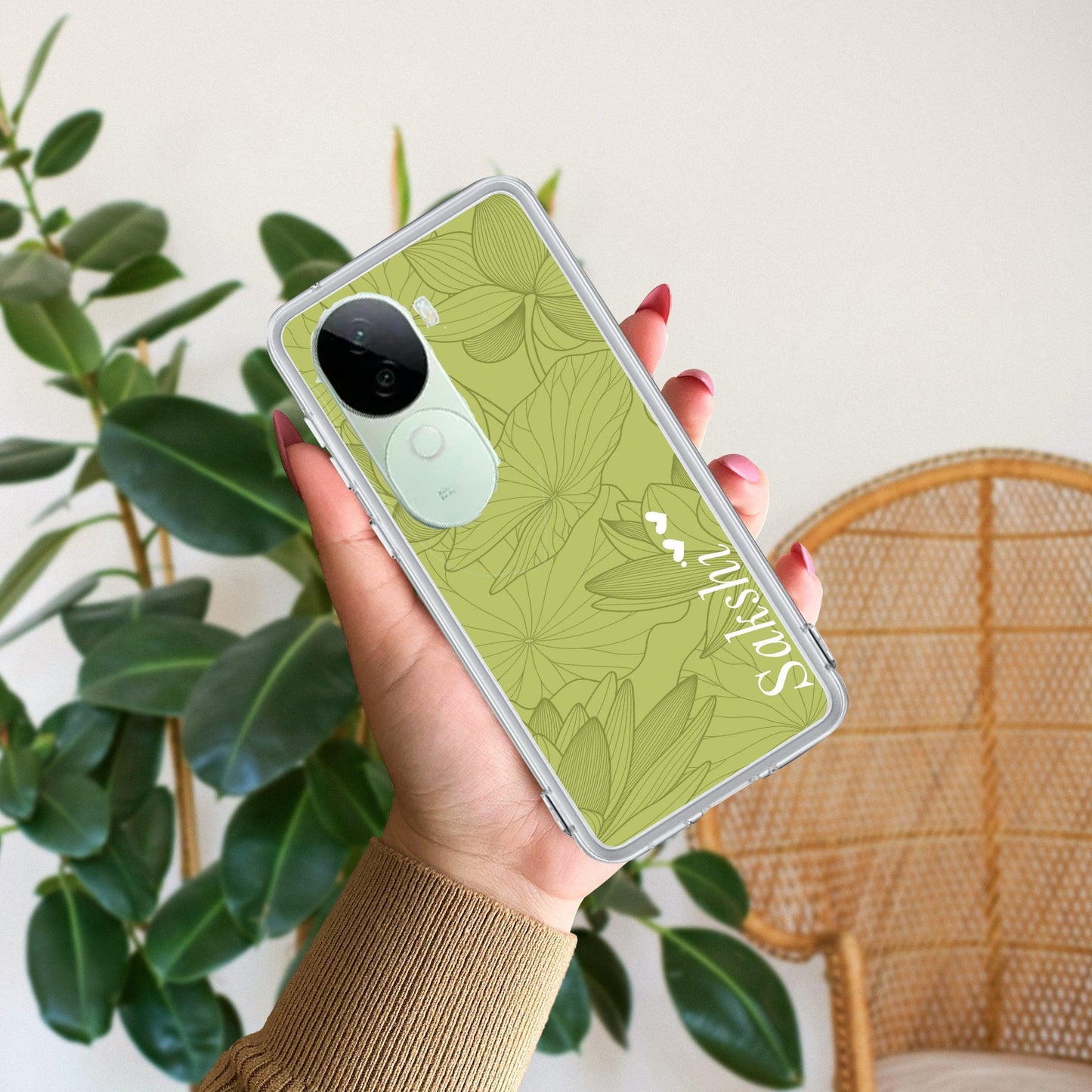 Customized luxury Mint Green leaves Transparent Silicon Case For iQOO ShopOnCliQ