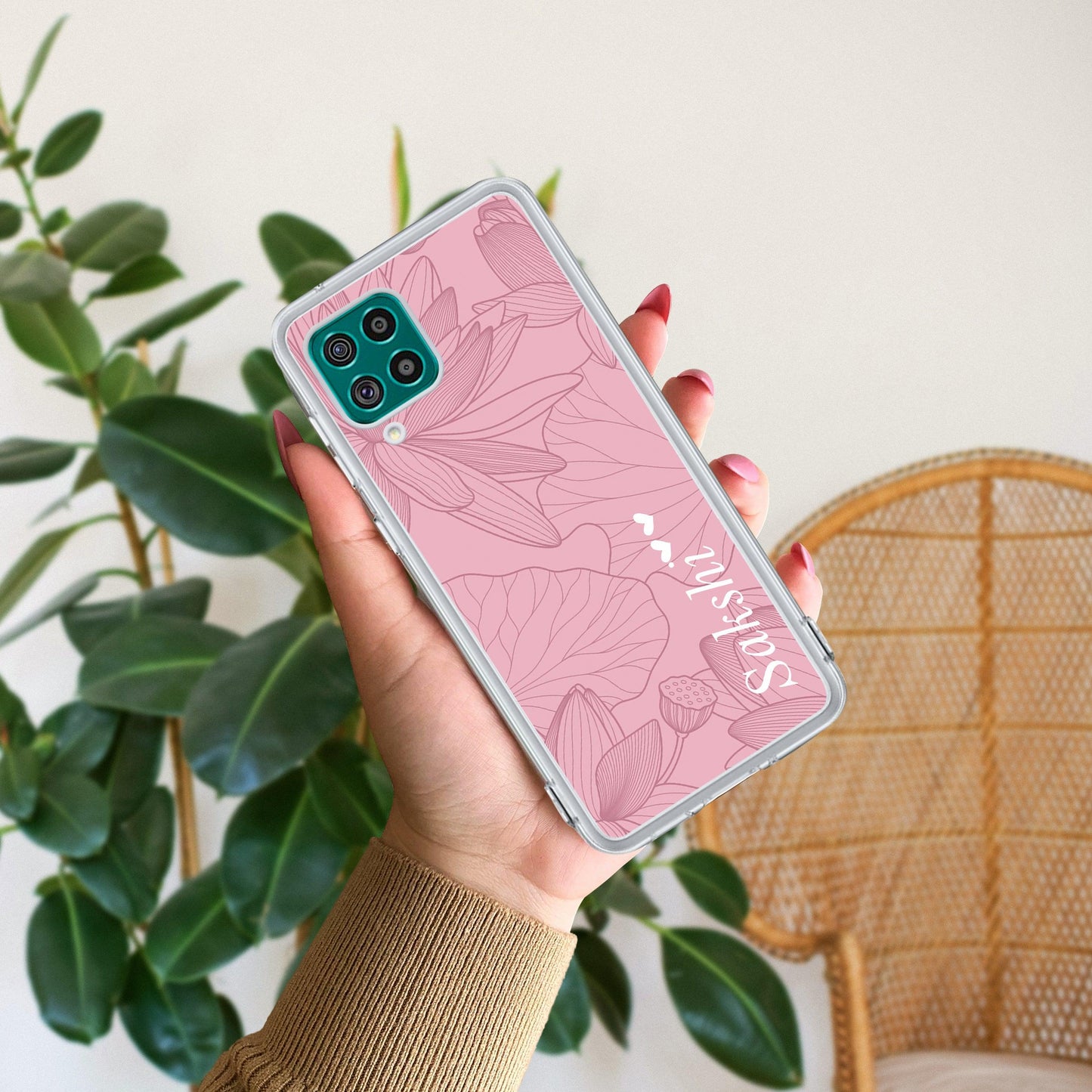 Customized luxury Peach leaves Transparent Silicon Case For Samsung