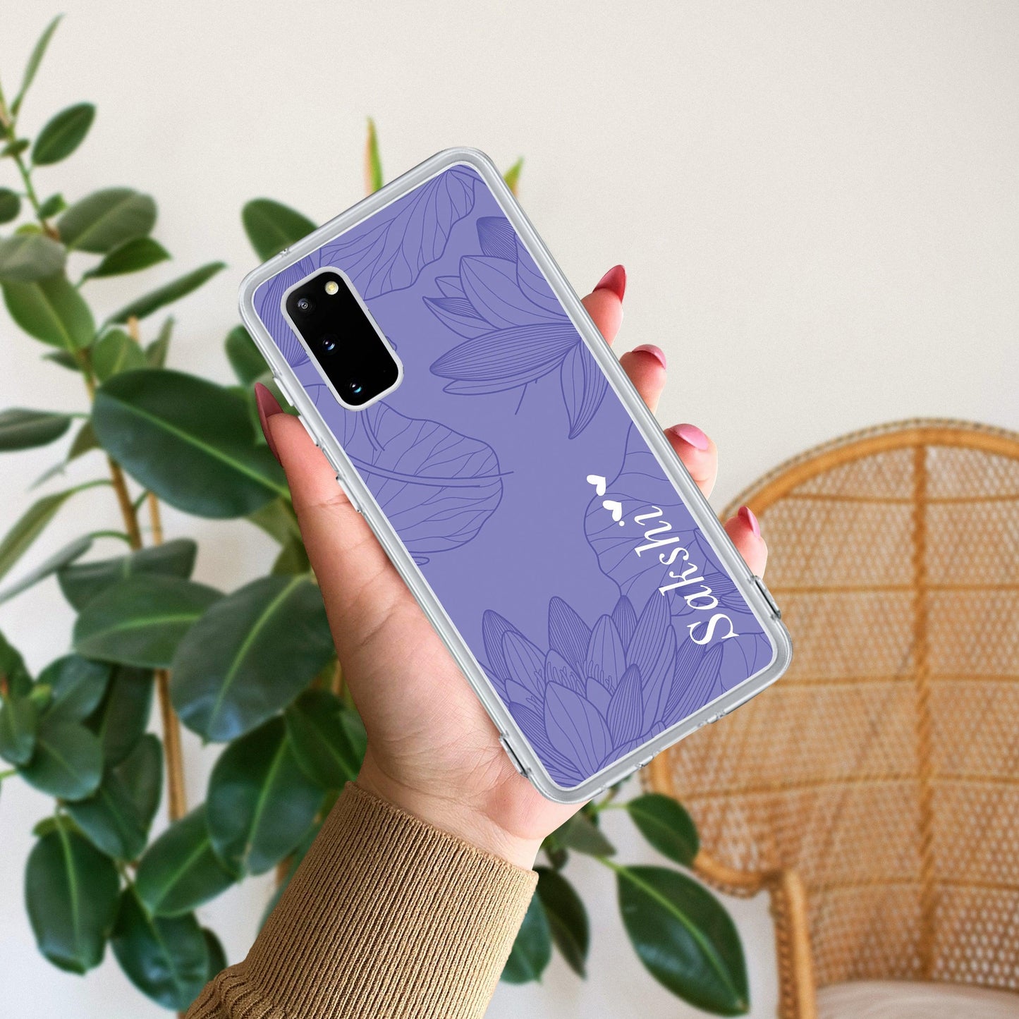 Customized luxury Purple leaves Transparent Silicon Case For Samsung