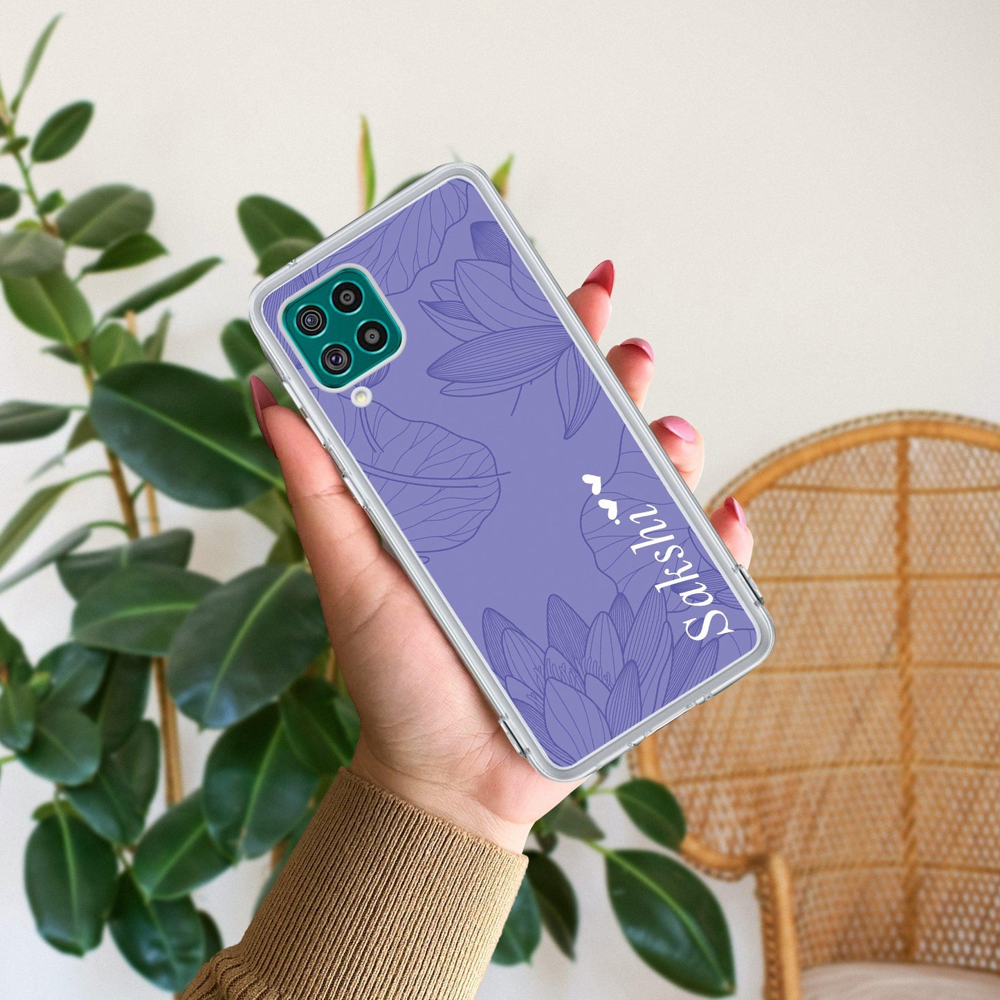 Customized luxury Purple leaves Transparent Silicon Case For Samsung