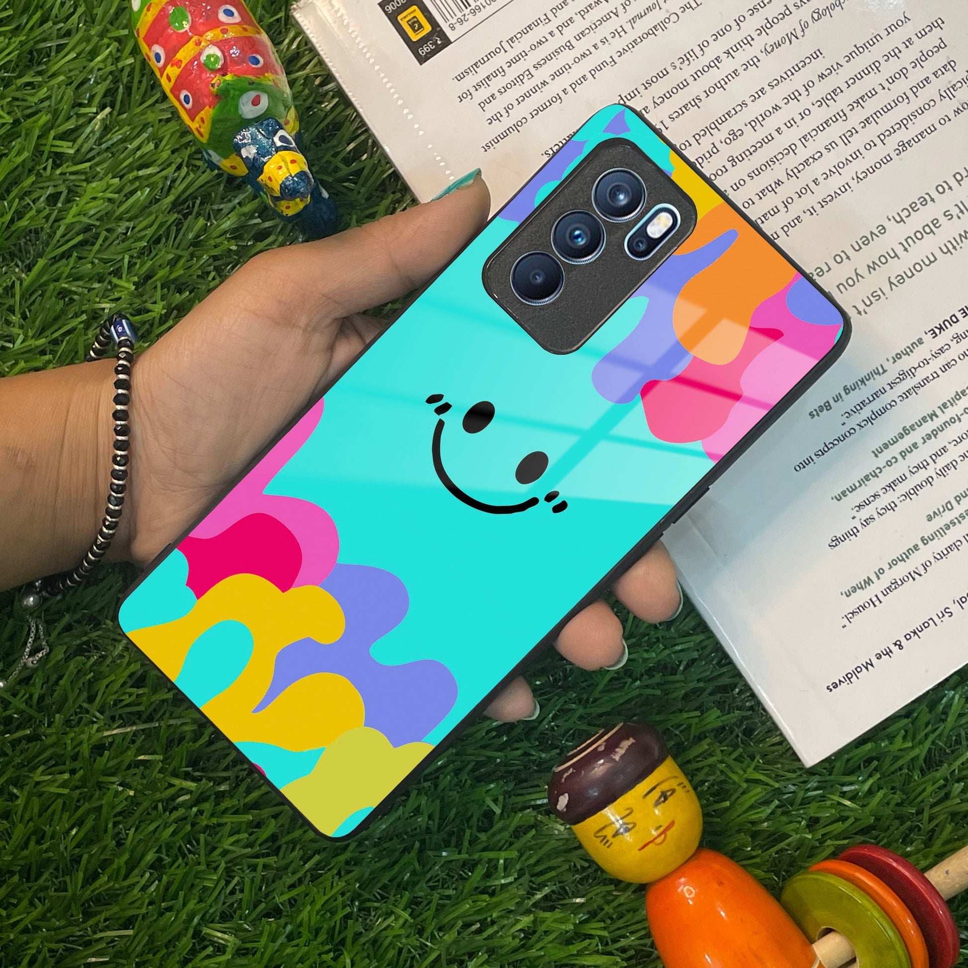 Cute Blue Smiley Multicolor Glass Case For Oppo ShopOnCliQ