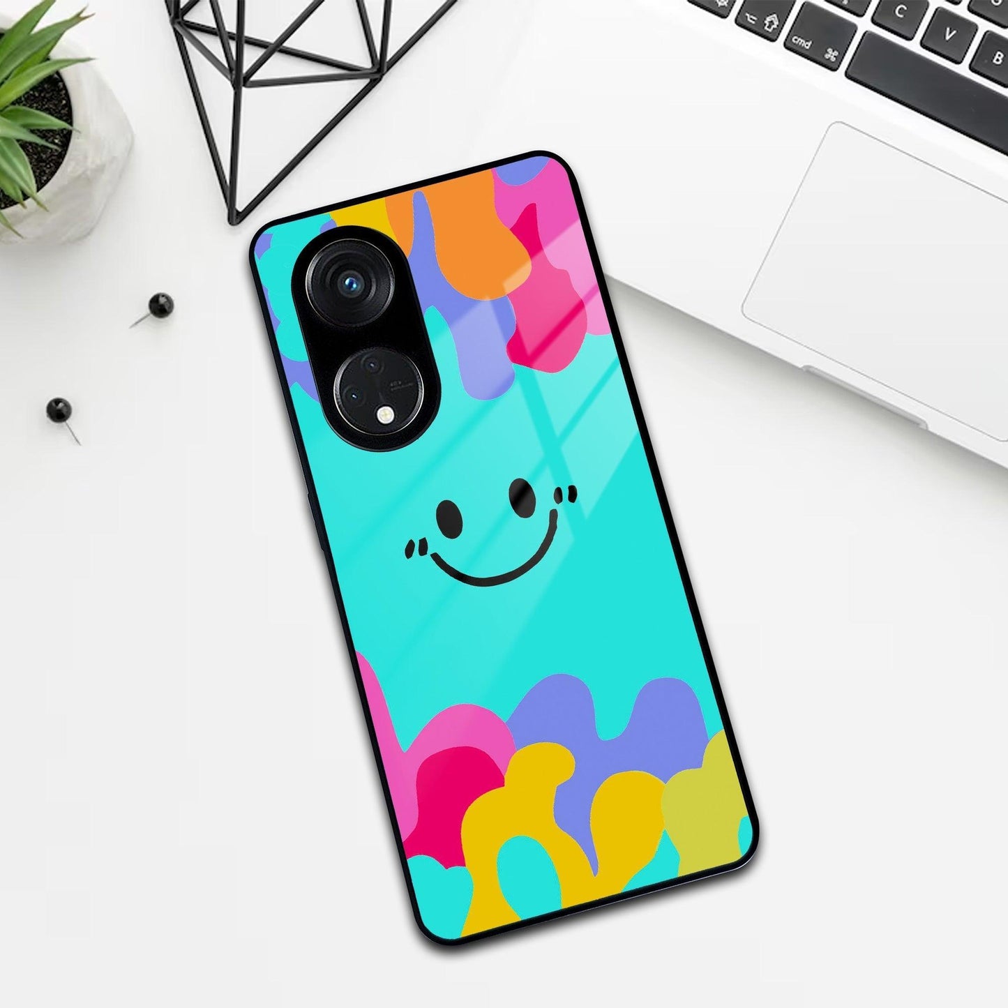 Cute Blue Smiley Multicolor Glass Case For Oppo