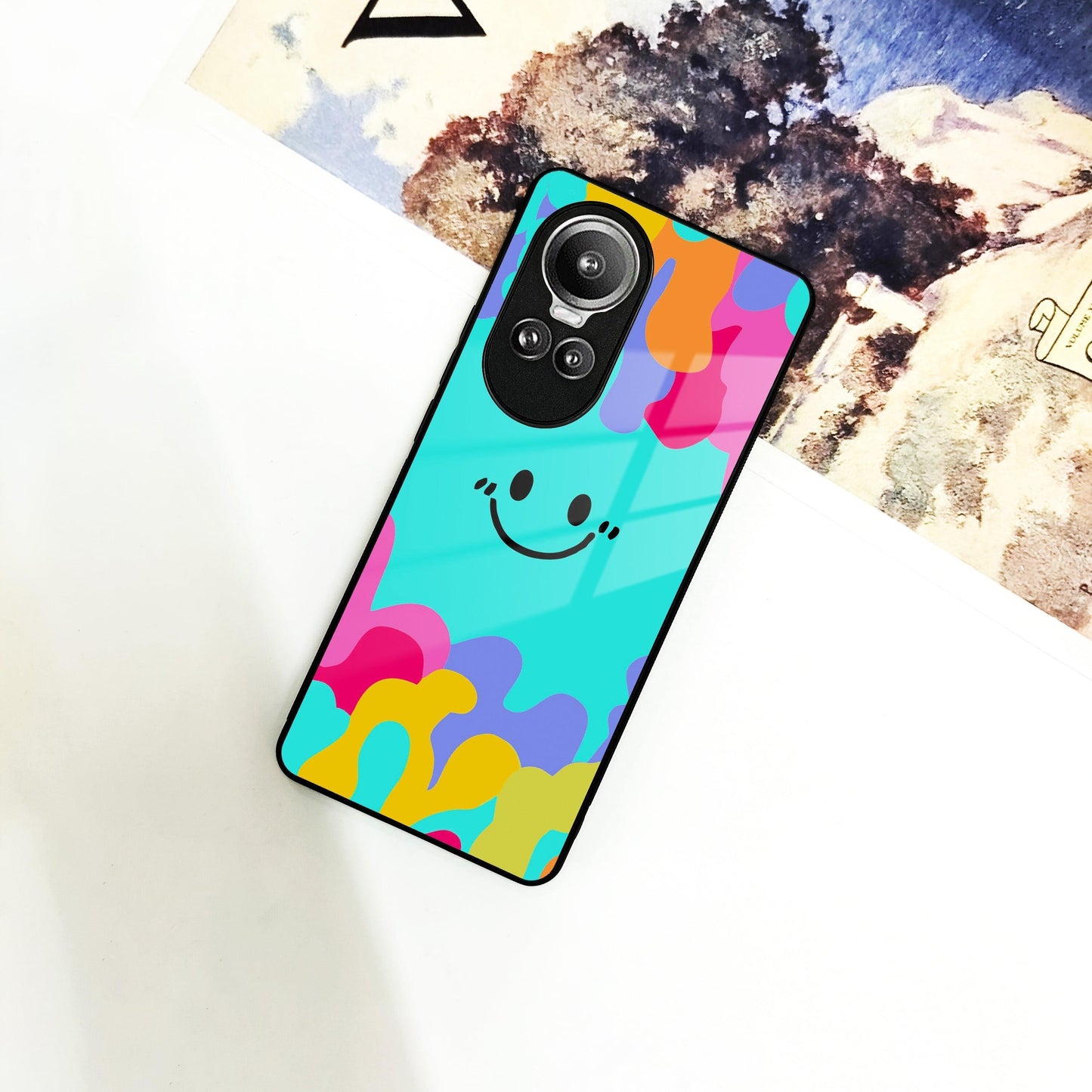 Cute Blue Smiley Multicolor Glass Case For Oppo