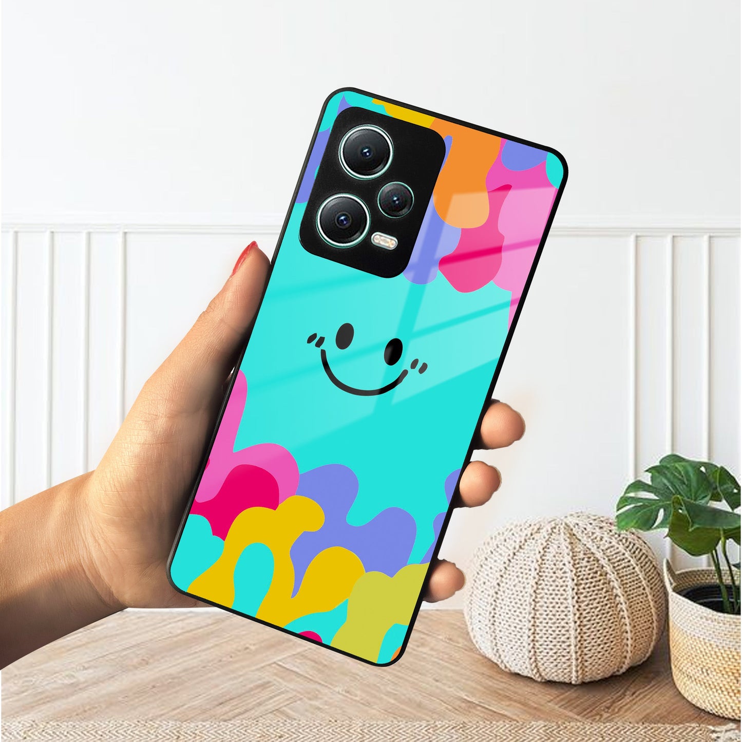 Cute Blue Smiley Multicolor Glass Case For Poco ShopOnCliQ