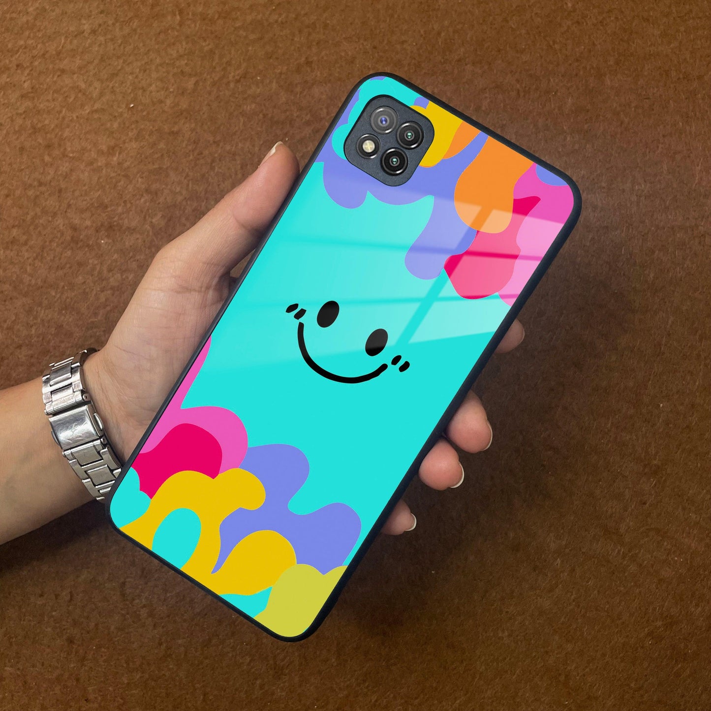 Cute Blue Smiley Multicolor Glass Case For Poco ShopOnCliQ