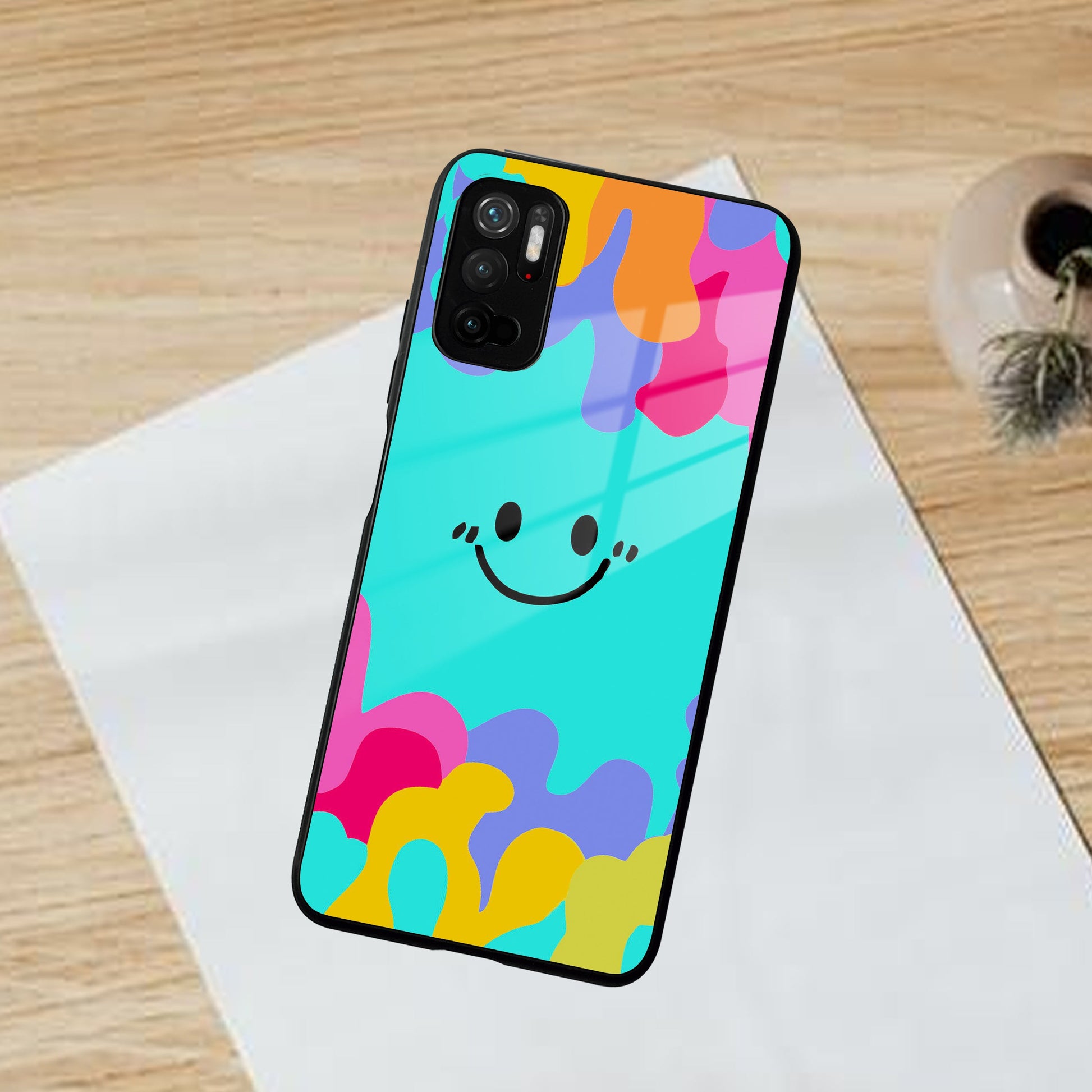 Cute Blue Smiley Multicolor Glass Case For Poco ShopOnCliQ