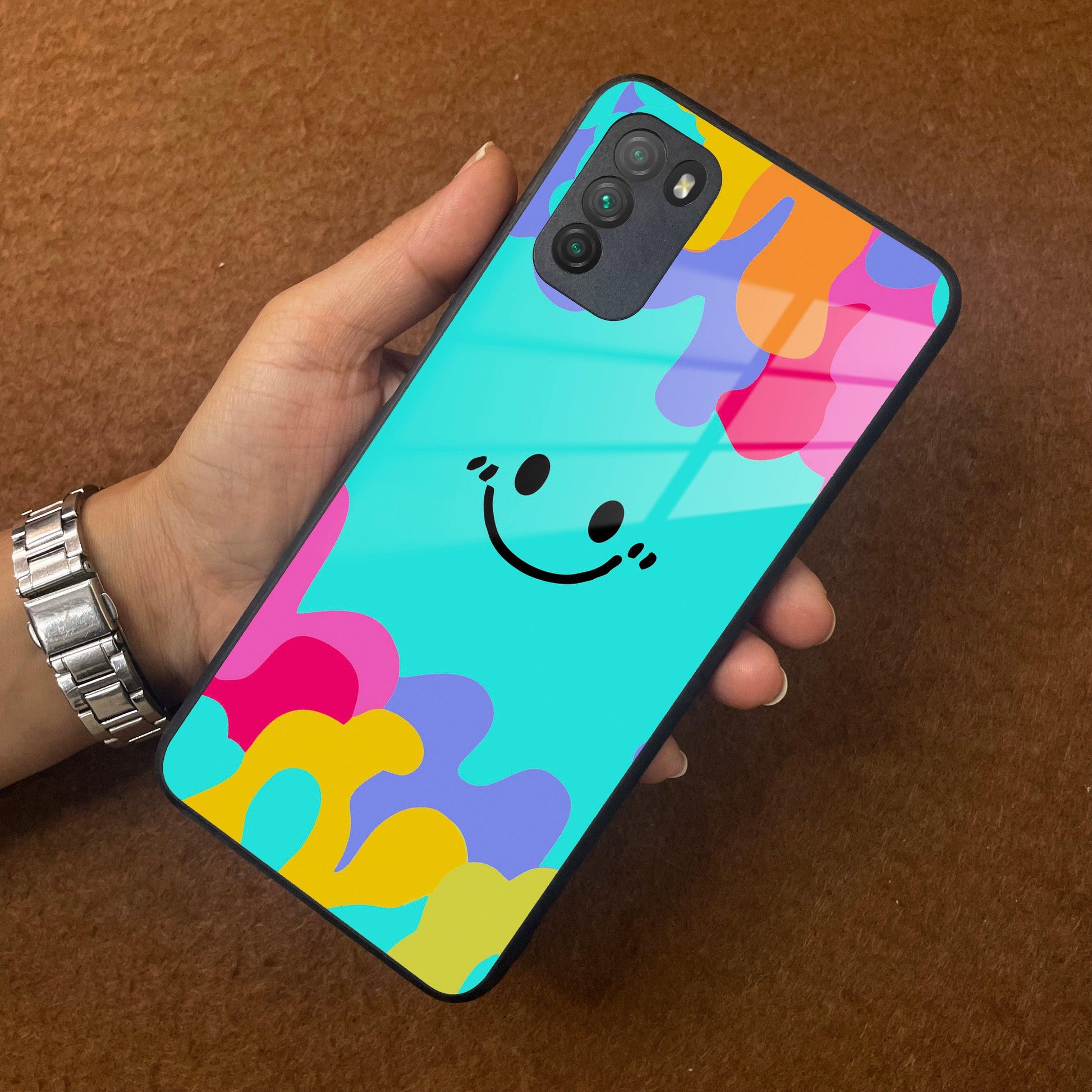 Cute Blue Smiley Multicolor Glass Case For Poco ShopOnCliQ