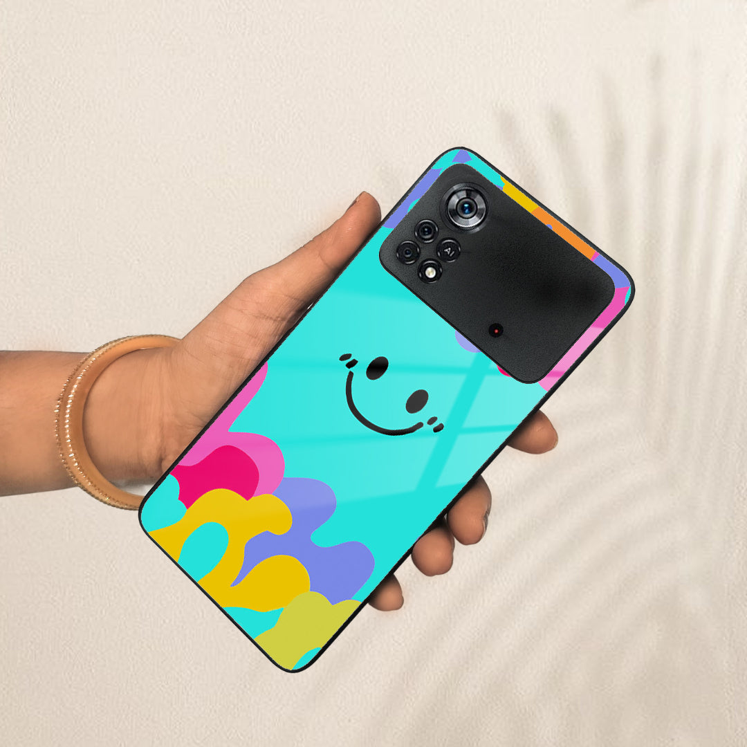 Cute Blue Smiley Multicolor Glass Case For Poco ShopOnCliQ