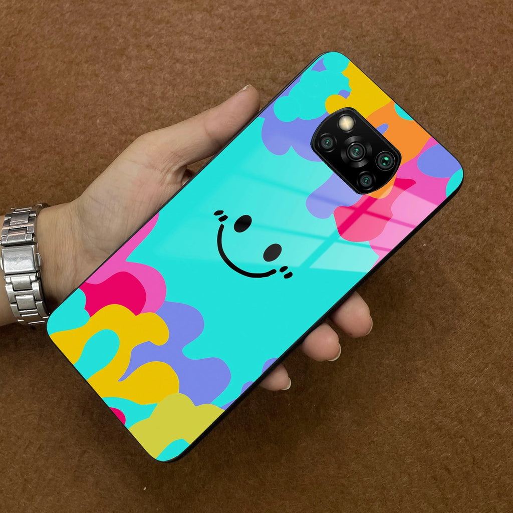 Cute Blue Smiley Multicolor Glass Case For Poco - ShopOnCliQ