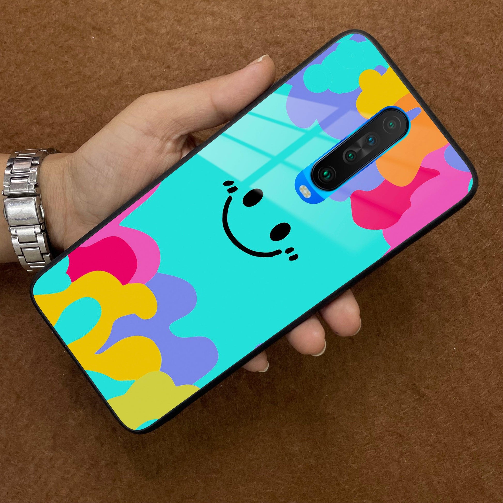 Cute Blue Smiley Multicolor Glass Case For Poco ShopOnCliQ