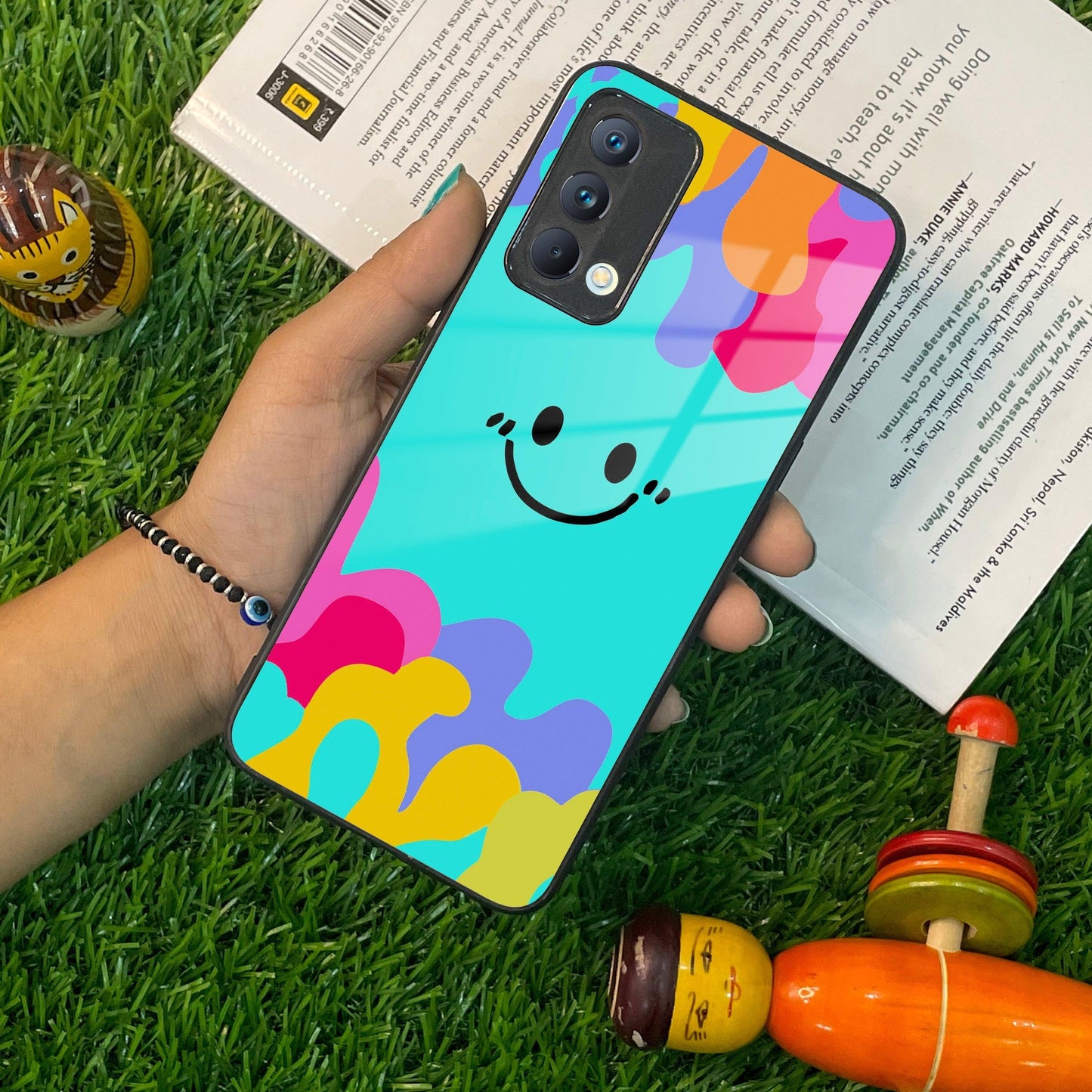 Cute Blue Smiley Multicolor Glass Case For Realme/Narzo