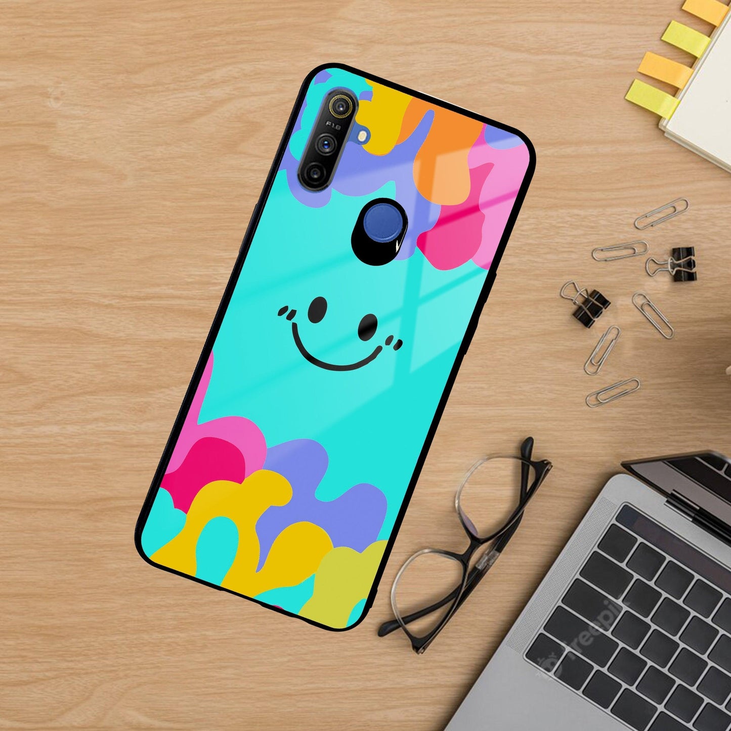 Cute Blue Smiley Multicolor Glass Case For Realme/Narzo