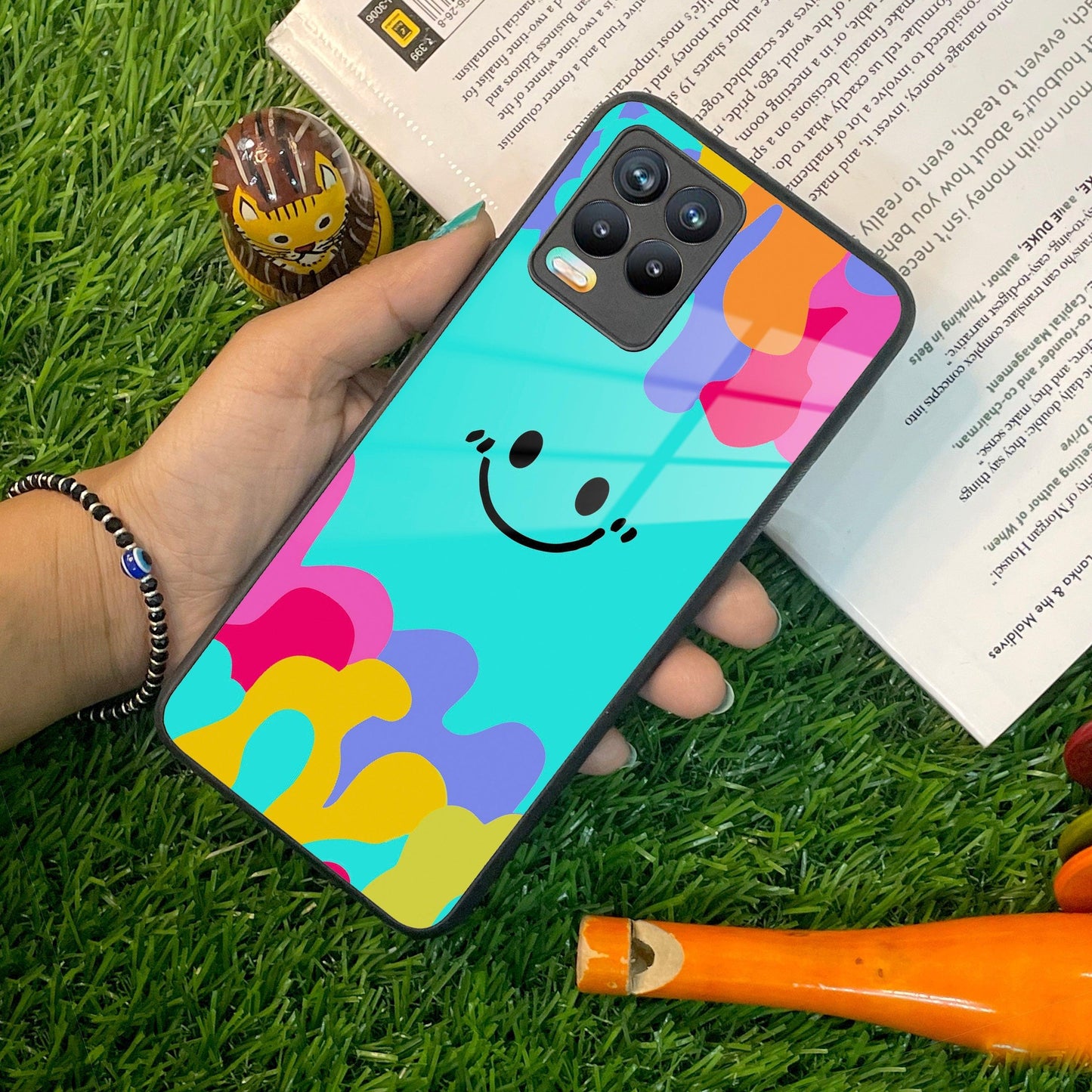 Cute Blue Smiley Multicolor Glass Case For Realme/Narzo