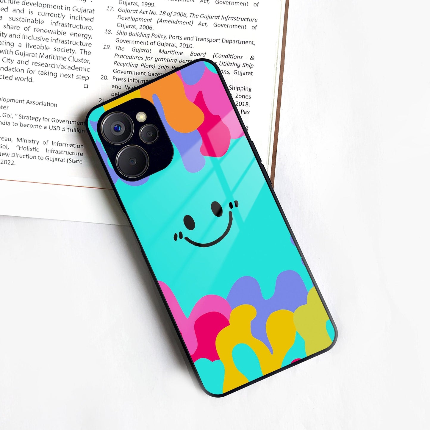 Cute Blue Smiley Multicolor Glass Case For Realme/Narzo