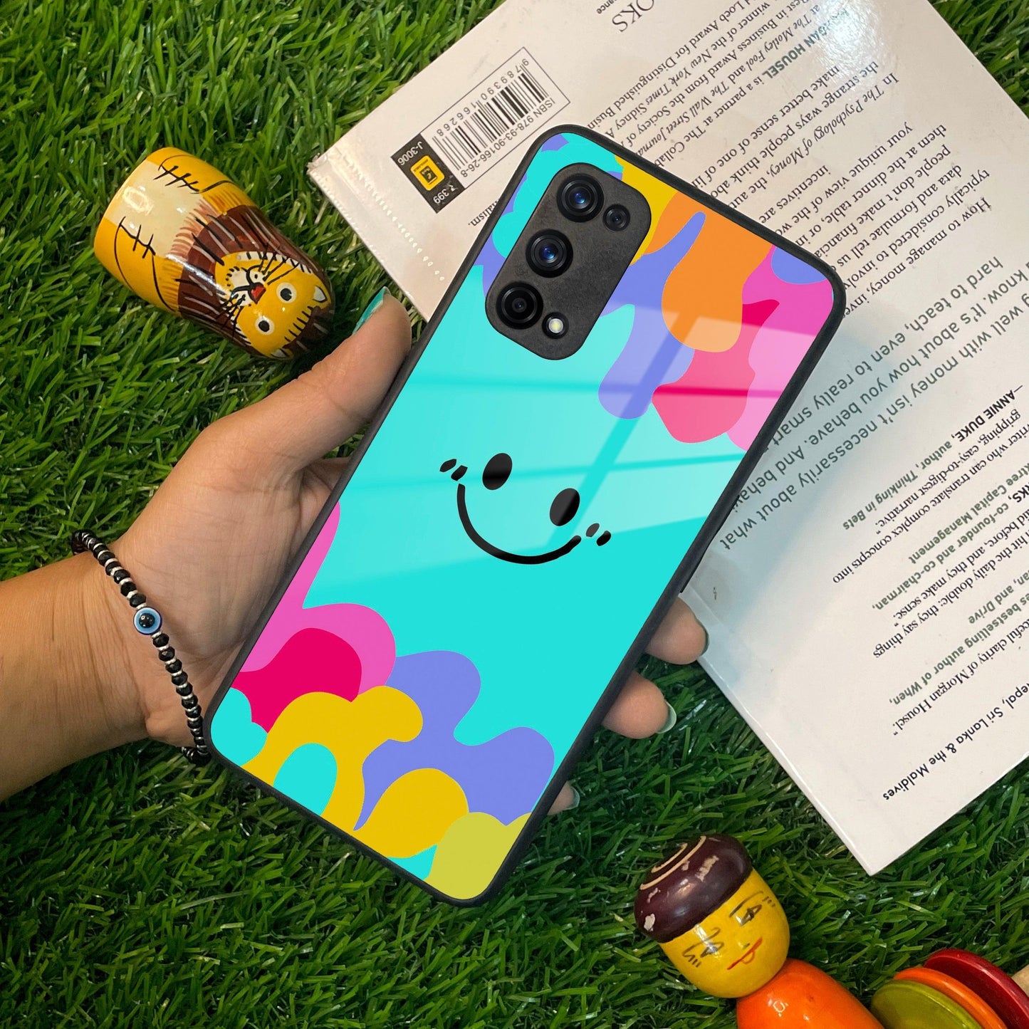 Cute Blue Smiley Multicolor Glass Case For Realme/Narzo