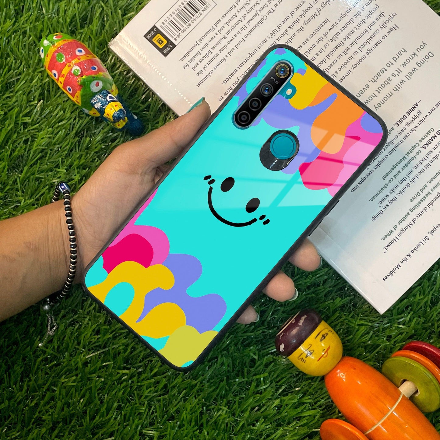 Cute Blue Smiley Multicolor Glass Case For Realme/Narzo