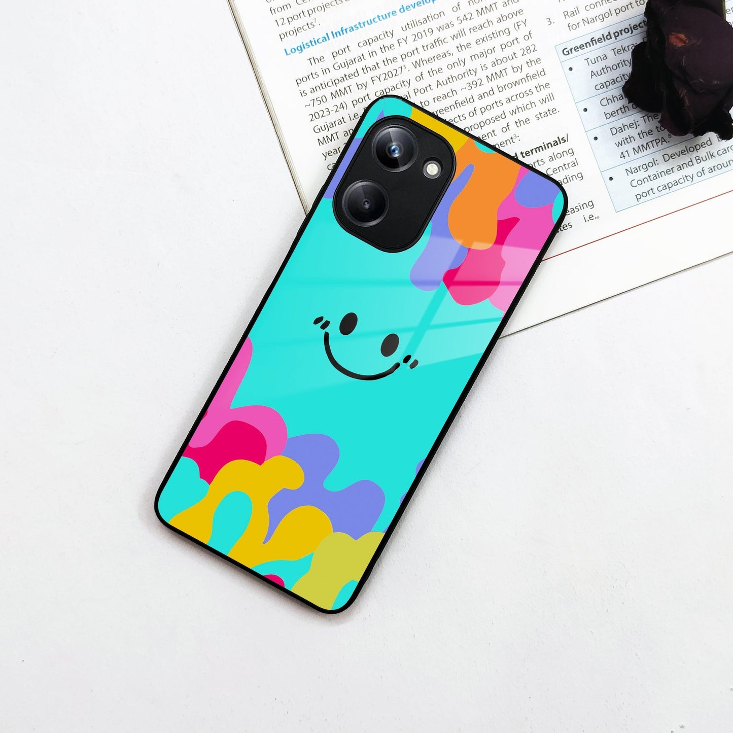 Cute Blue Smiley Multicolor Glass Case For Realme/Narzo