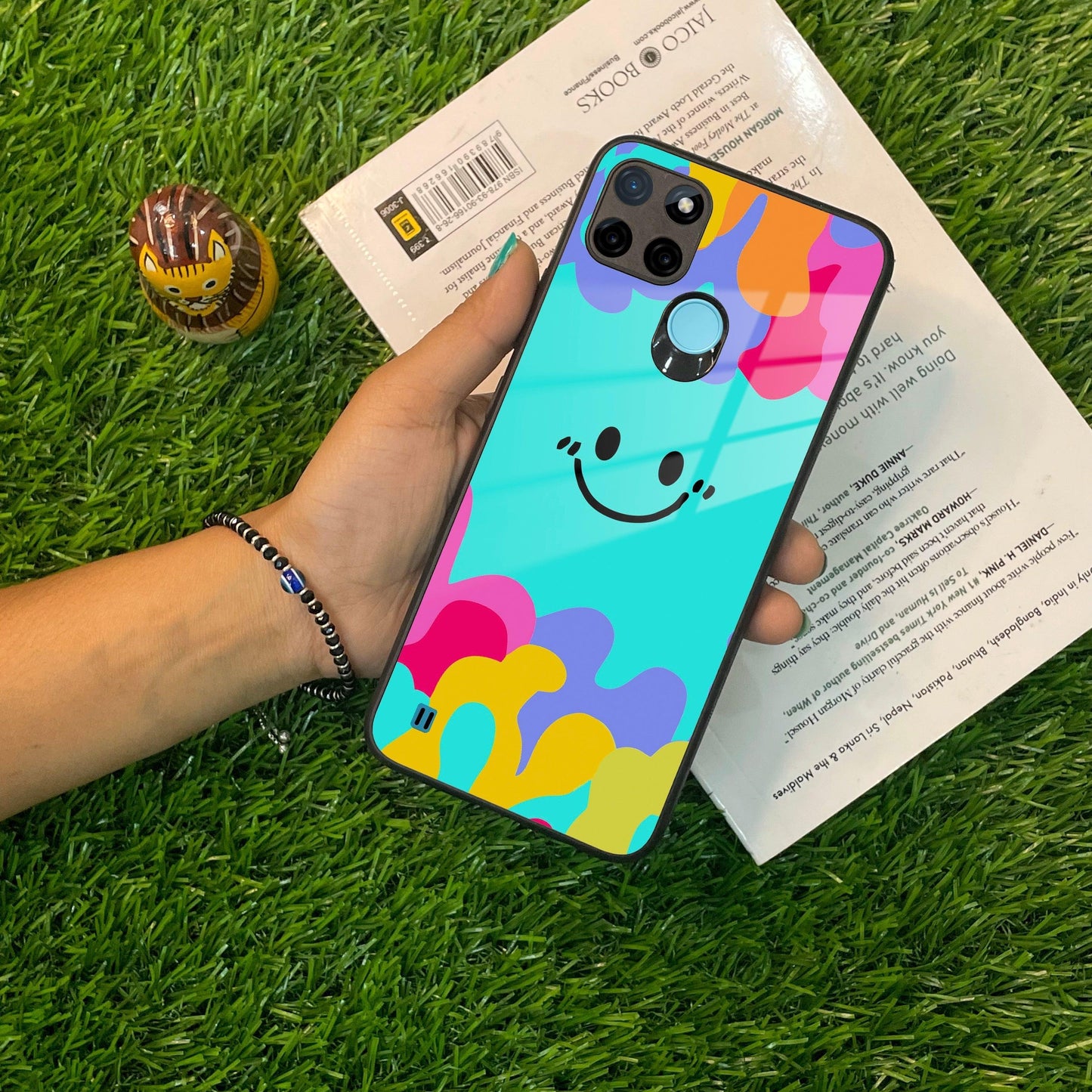 Cute Blue Smiley Multicolor Glass Case For Realme/Narzo