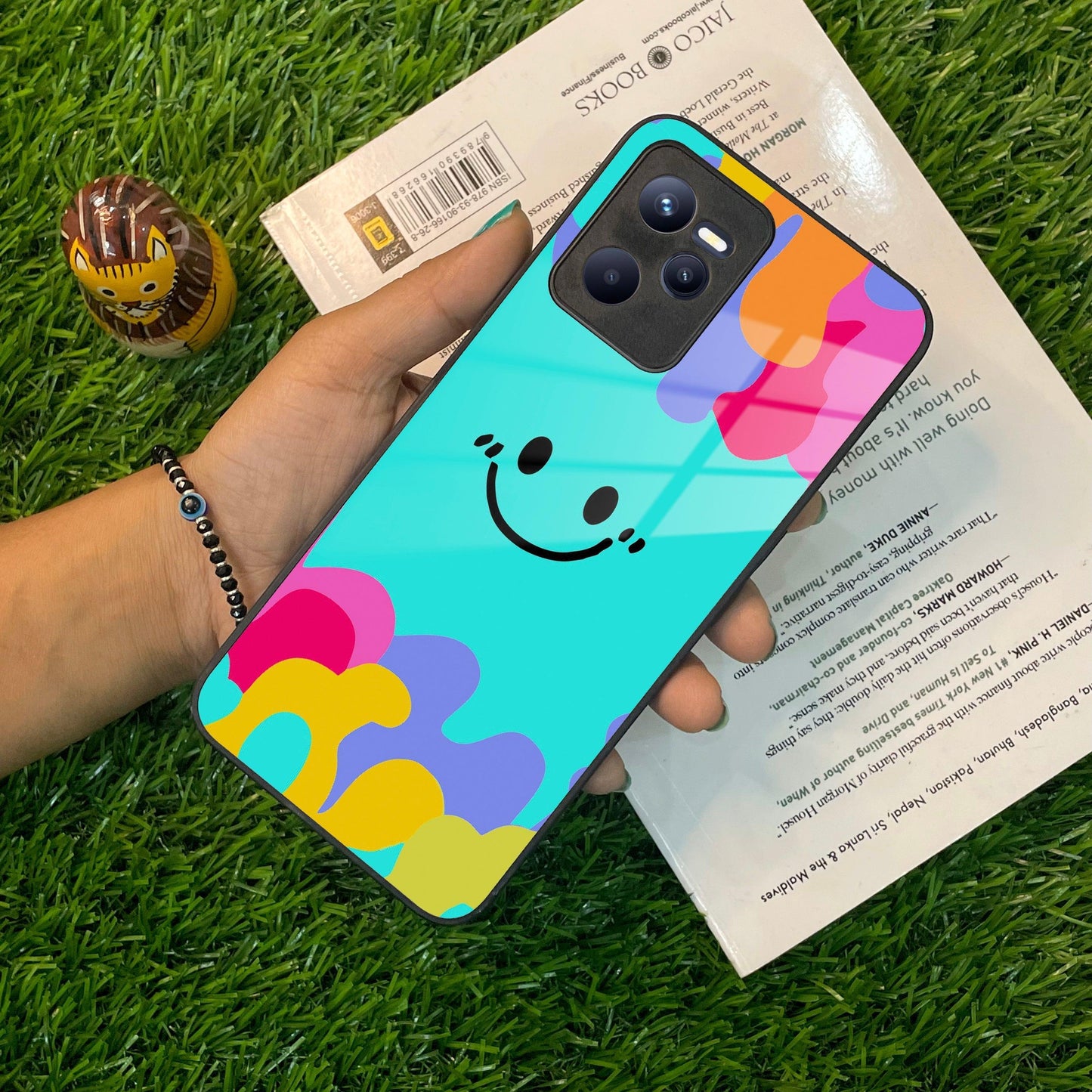 Cute Blue Smiley Multicolor Glass Case For Realme/Narzo