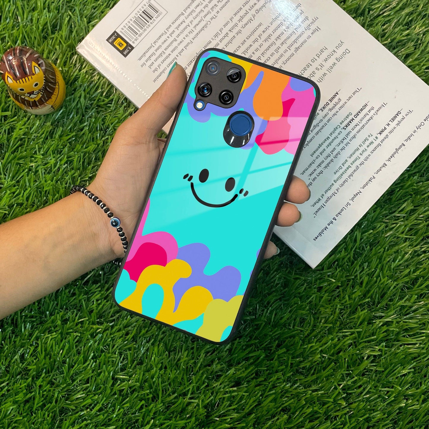 Cute Blue Smiley Multicolor Glass Case For Realme/Narzo