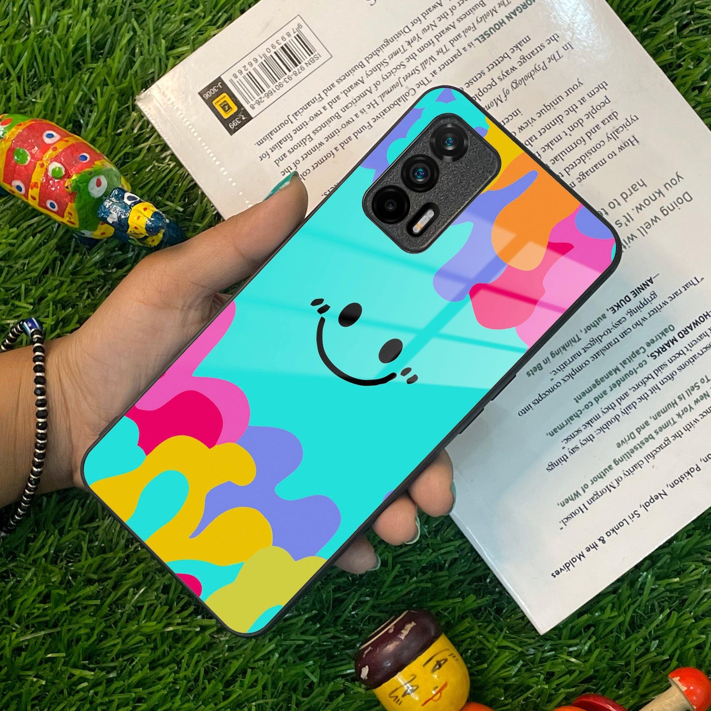 Cute Blue Smiley Multicolor Glass Case For Realme/Narzo