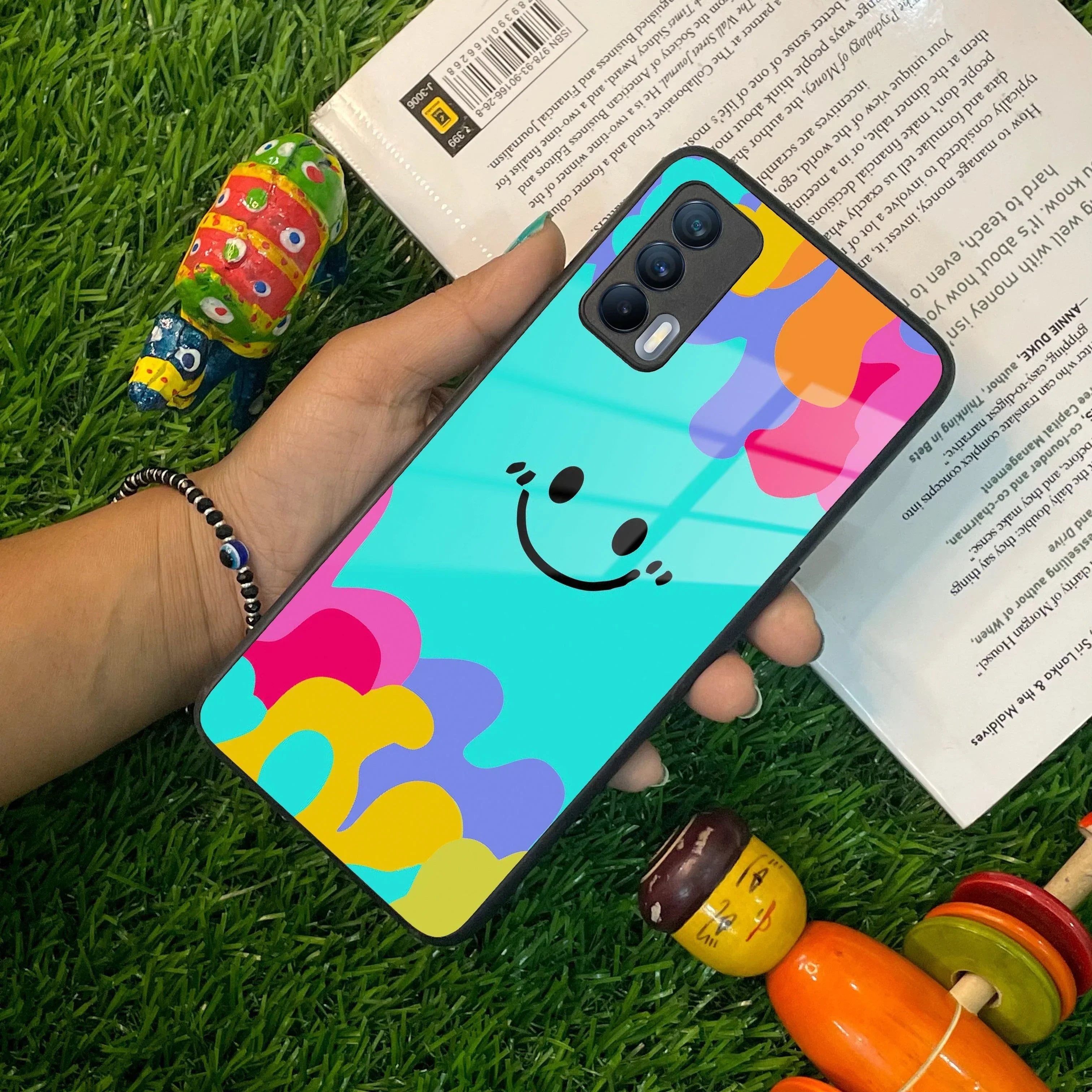 Cute Blue Smiley Multicolor Glass Case For Realme/Narzo - ShopOnCliQ