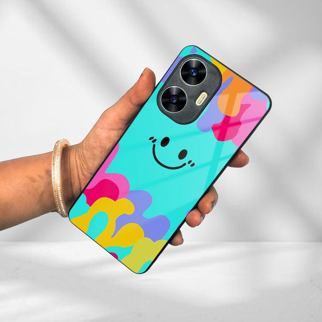 Cute Blue Smiley Multicolor Glass Case For Realme/Narzo