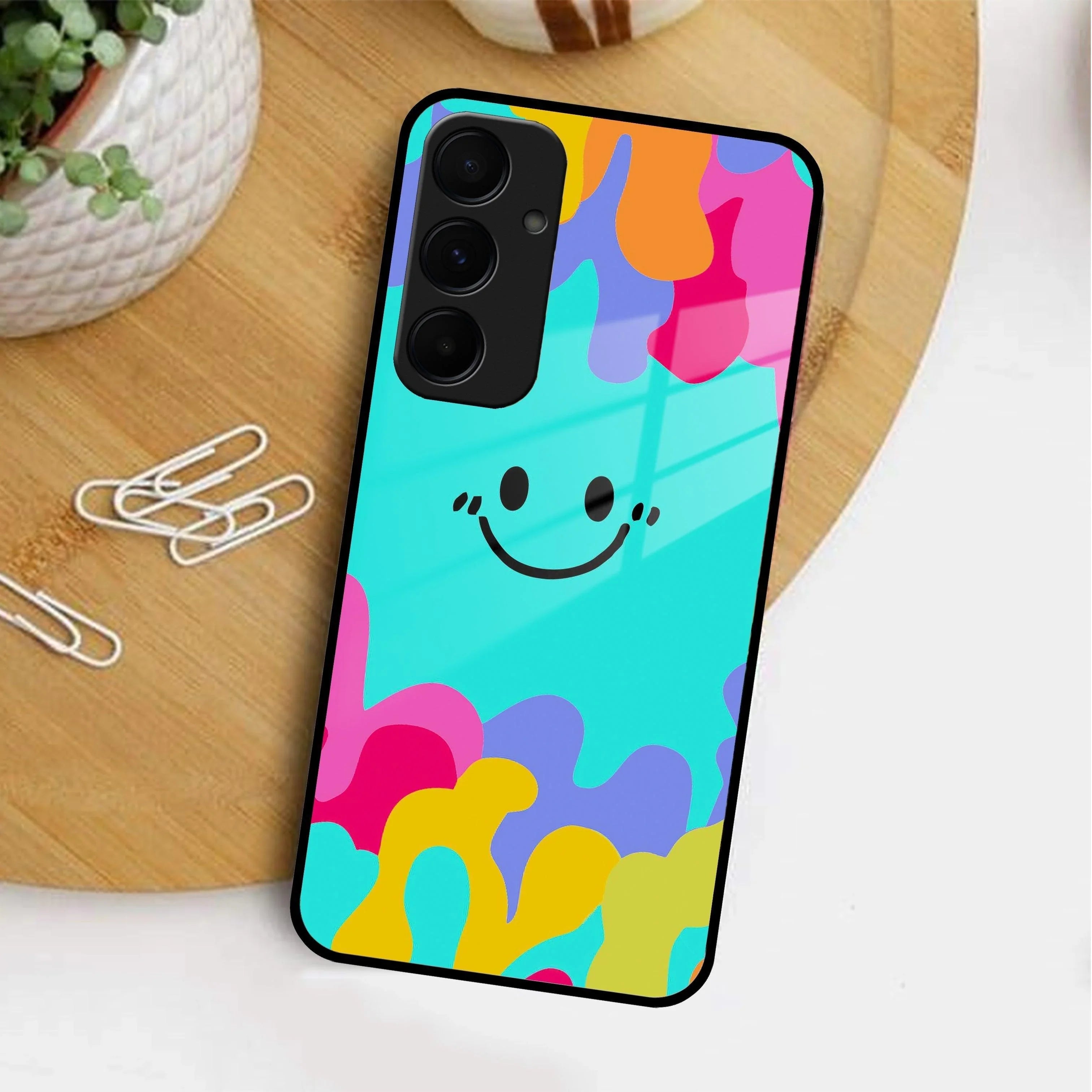Cute Blue Smiley Multicolor Glass Case For Samsung - ShopOnCliQ
