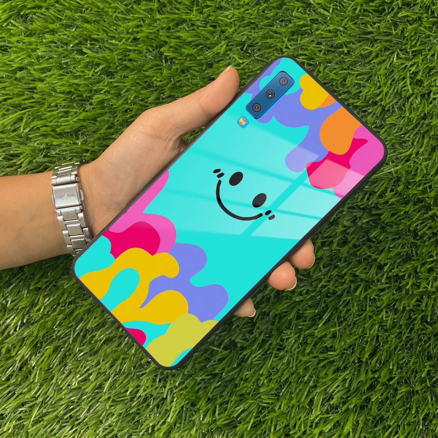 Cute Blue Smiley Multicolor Glass Case For Samsung ShopOnCliQ