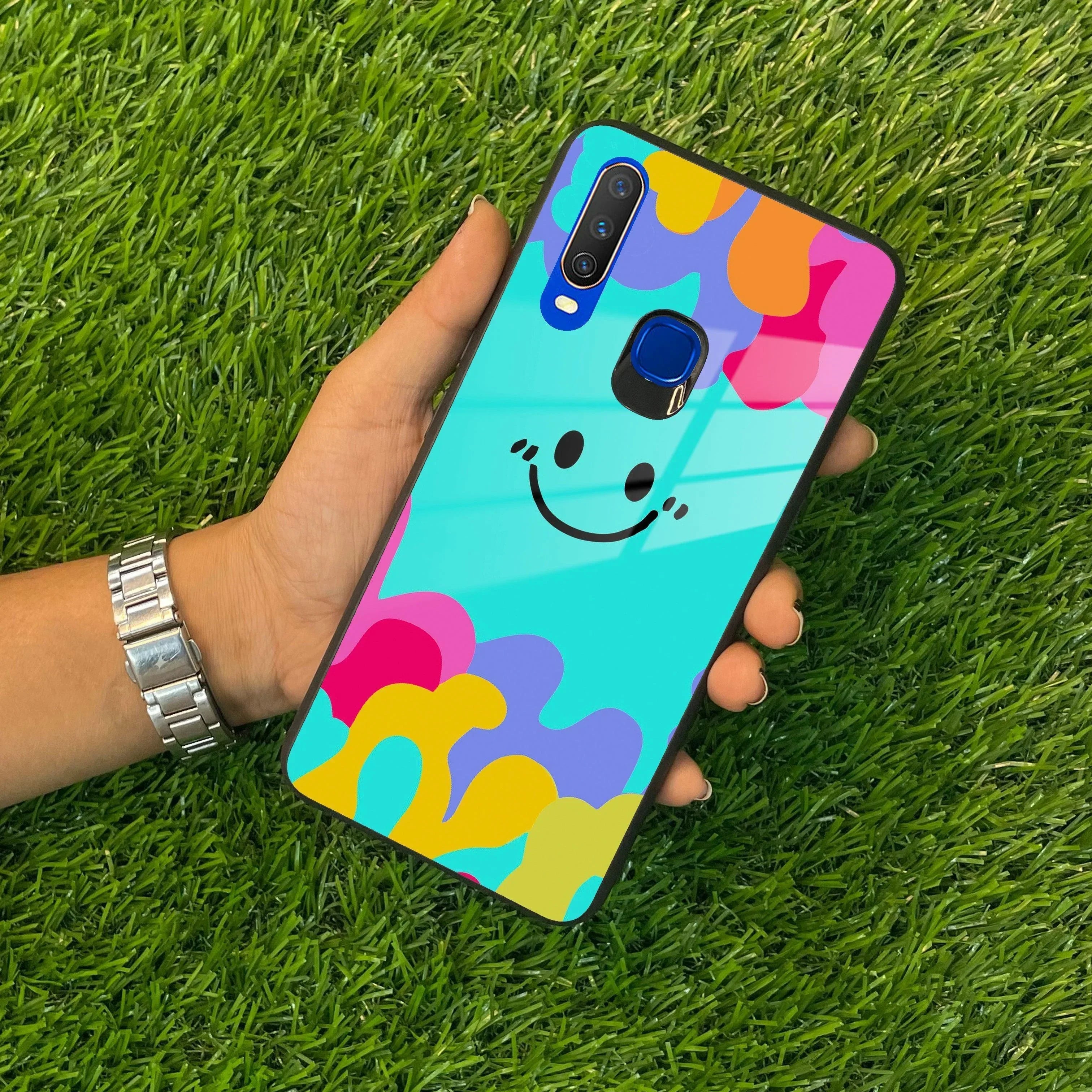 Cute Blue Smiley Multicolor Glass Case For Vivo - ShopOnCliQ
