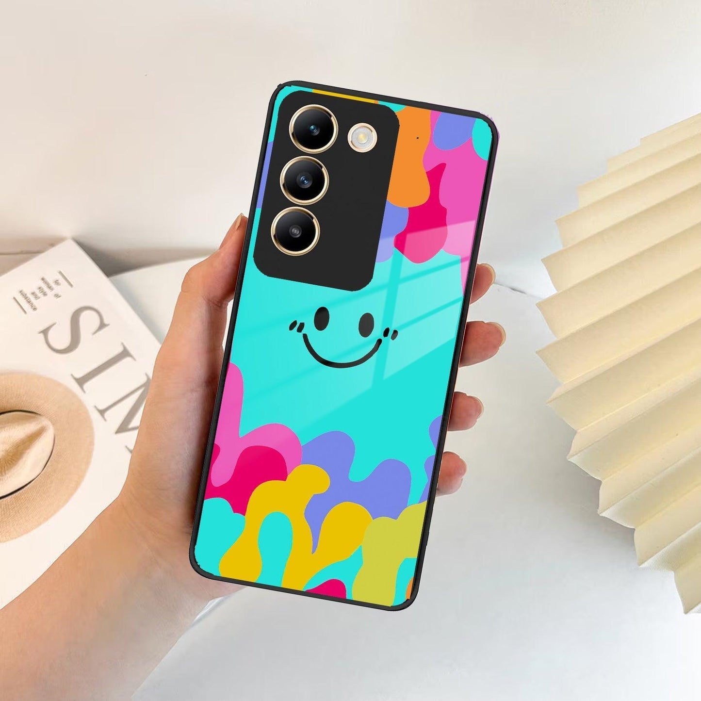 Cute Blue Smiley Multicolor Glass Case For Vivo