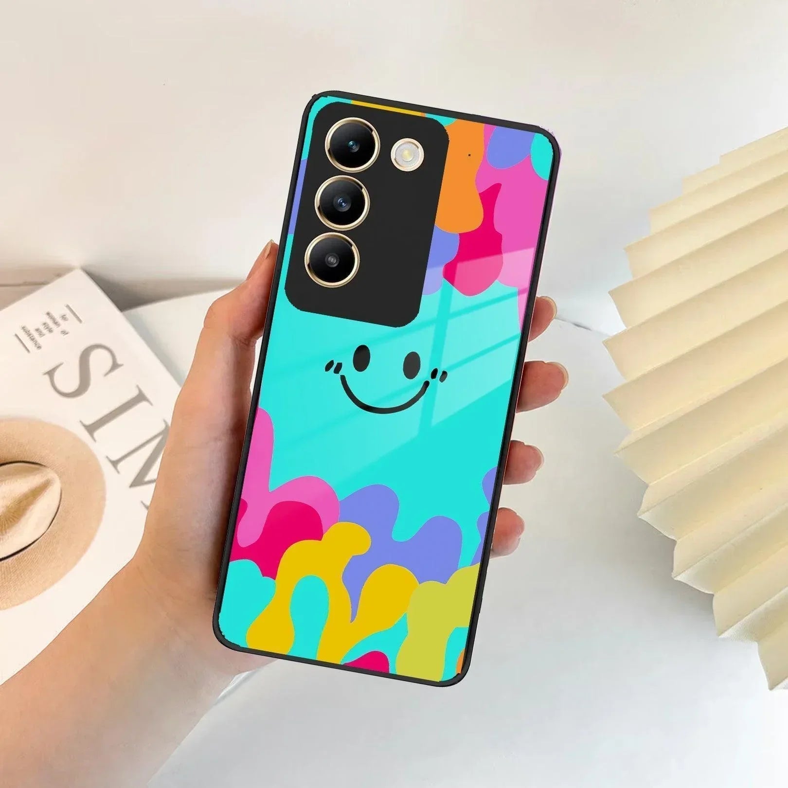 Cute Blue Smiley Multicolor Glass Case For Vivo - ShopOnCliQ