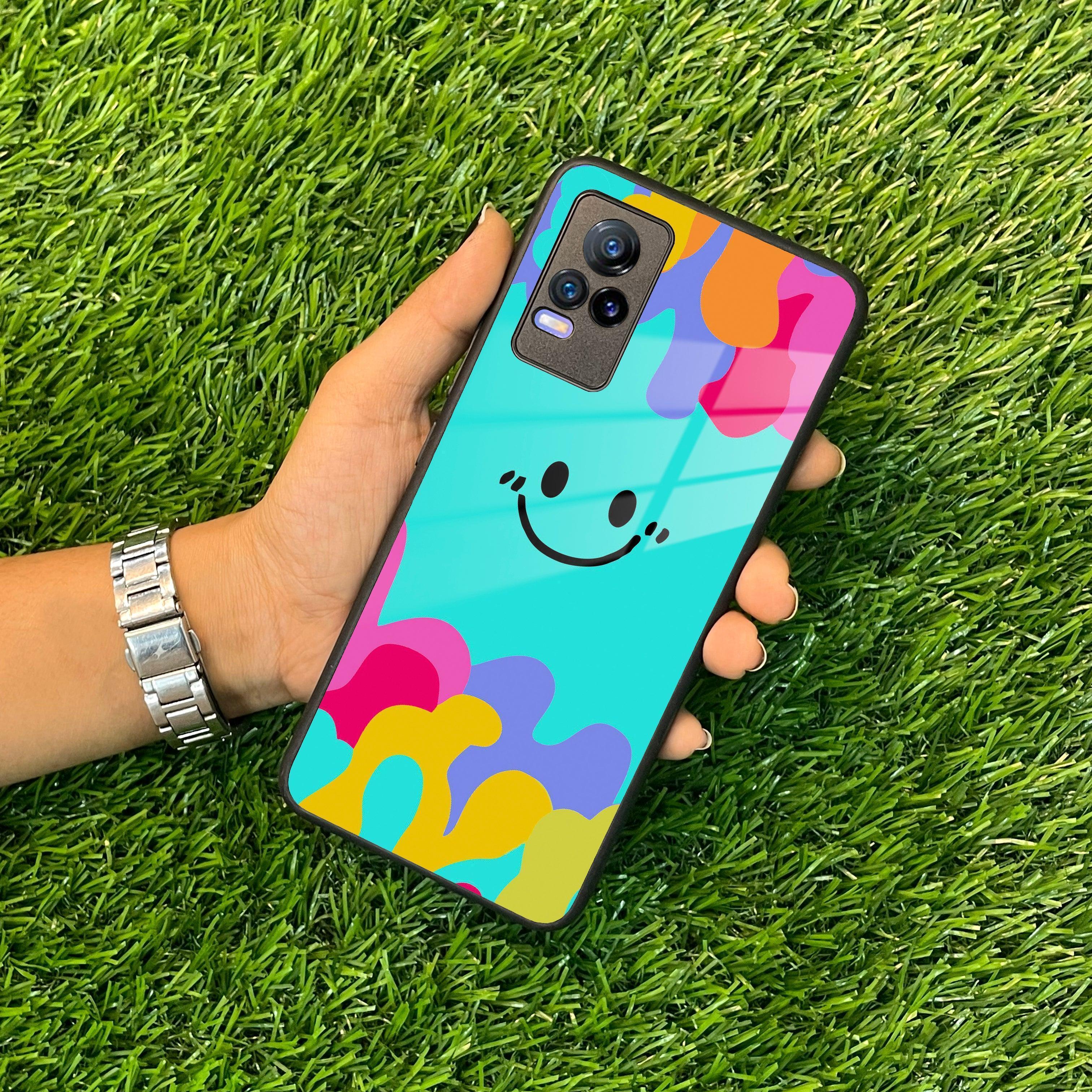 Cute Blue Smiley Multicolor Glass Case For Vivo - ShopOnCliQ