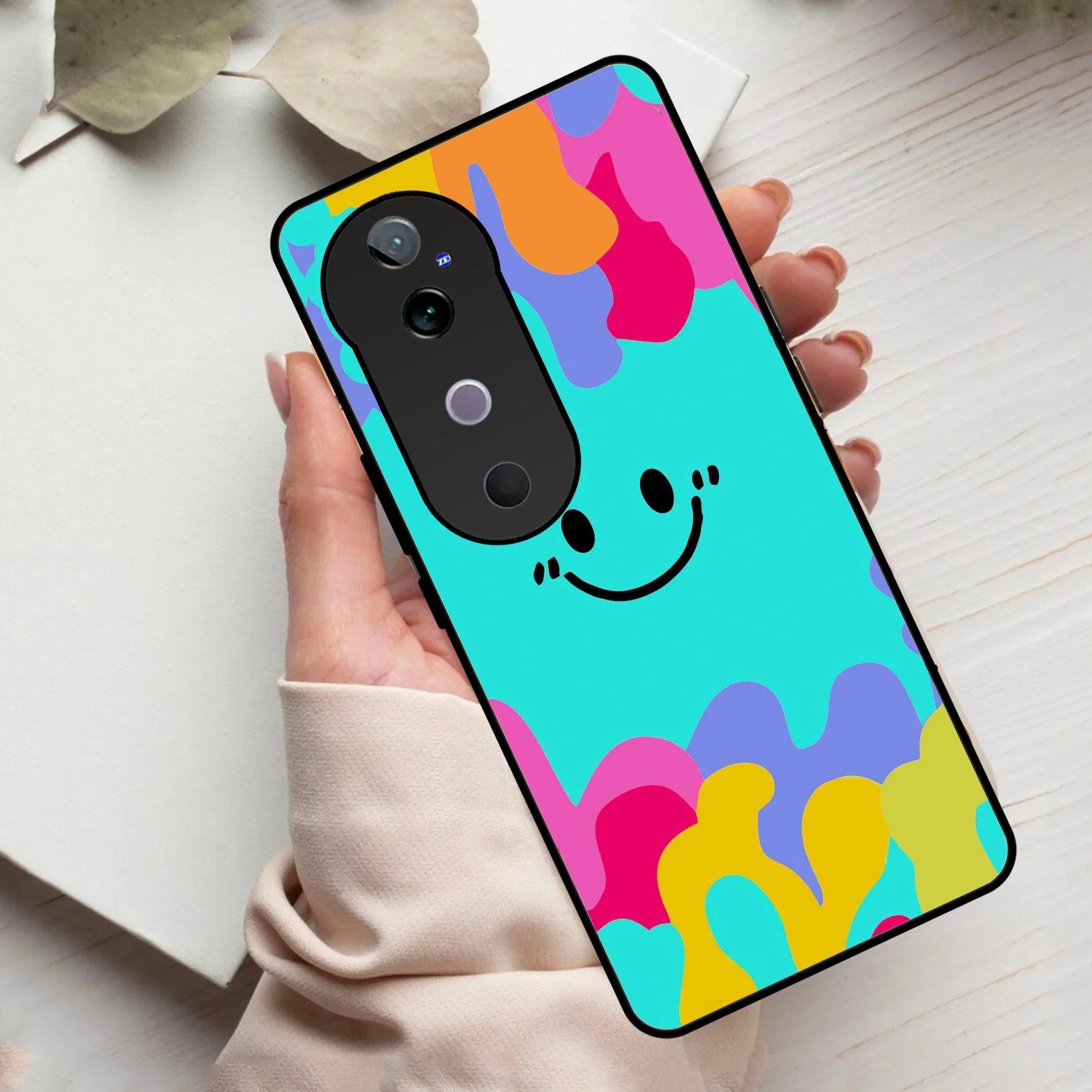 Cute Blue Smiley Multicolor Glass Case For Vivo - ShopOnCliQ