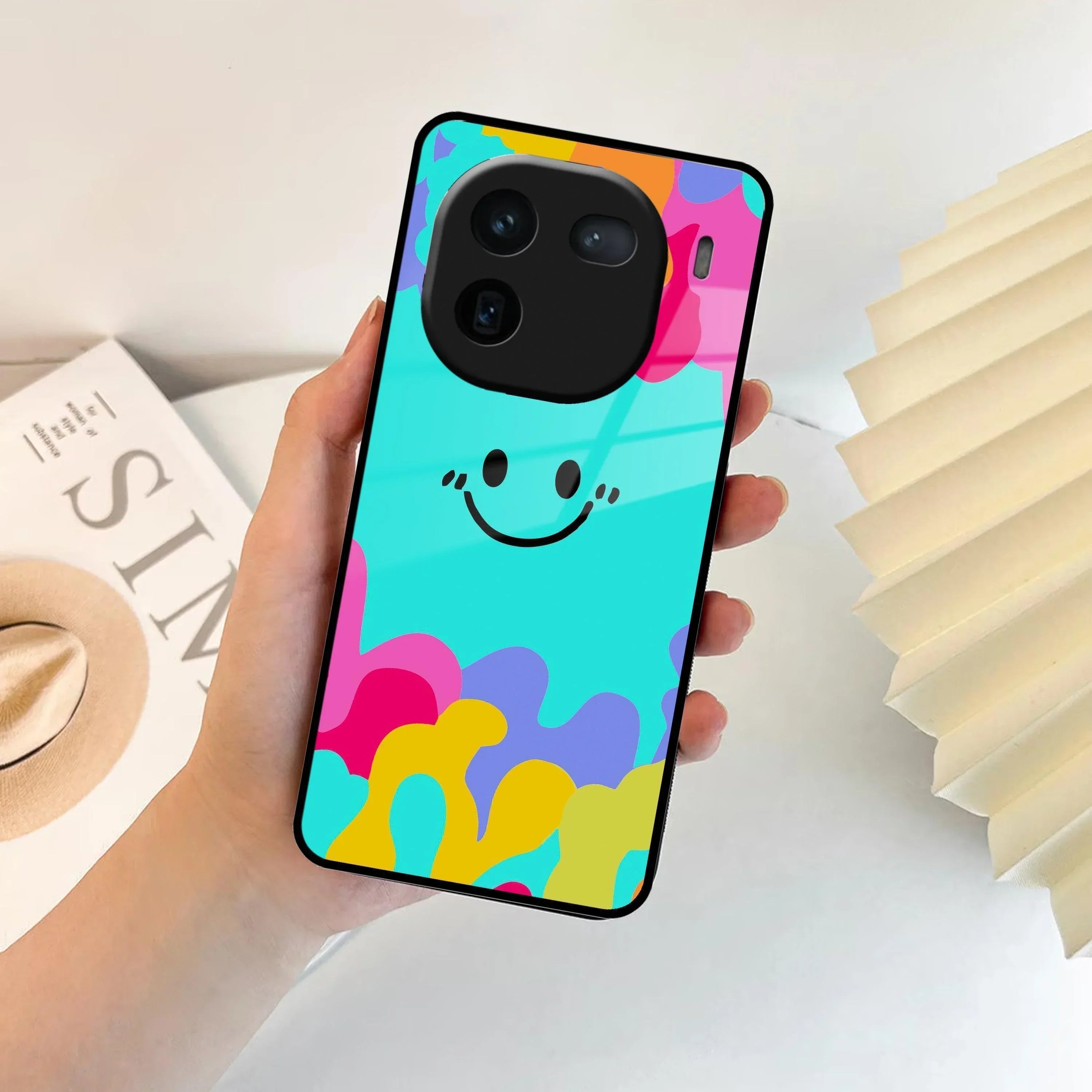 Cute Blue Smiley Multicolor Glass Case For Vivo - ShopOnCliQ
