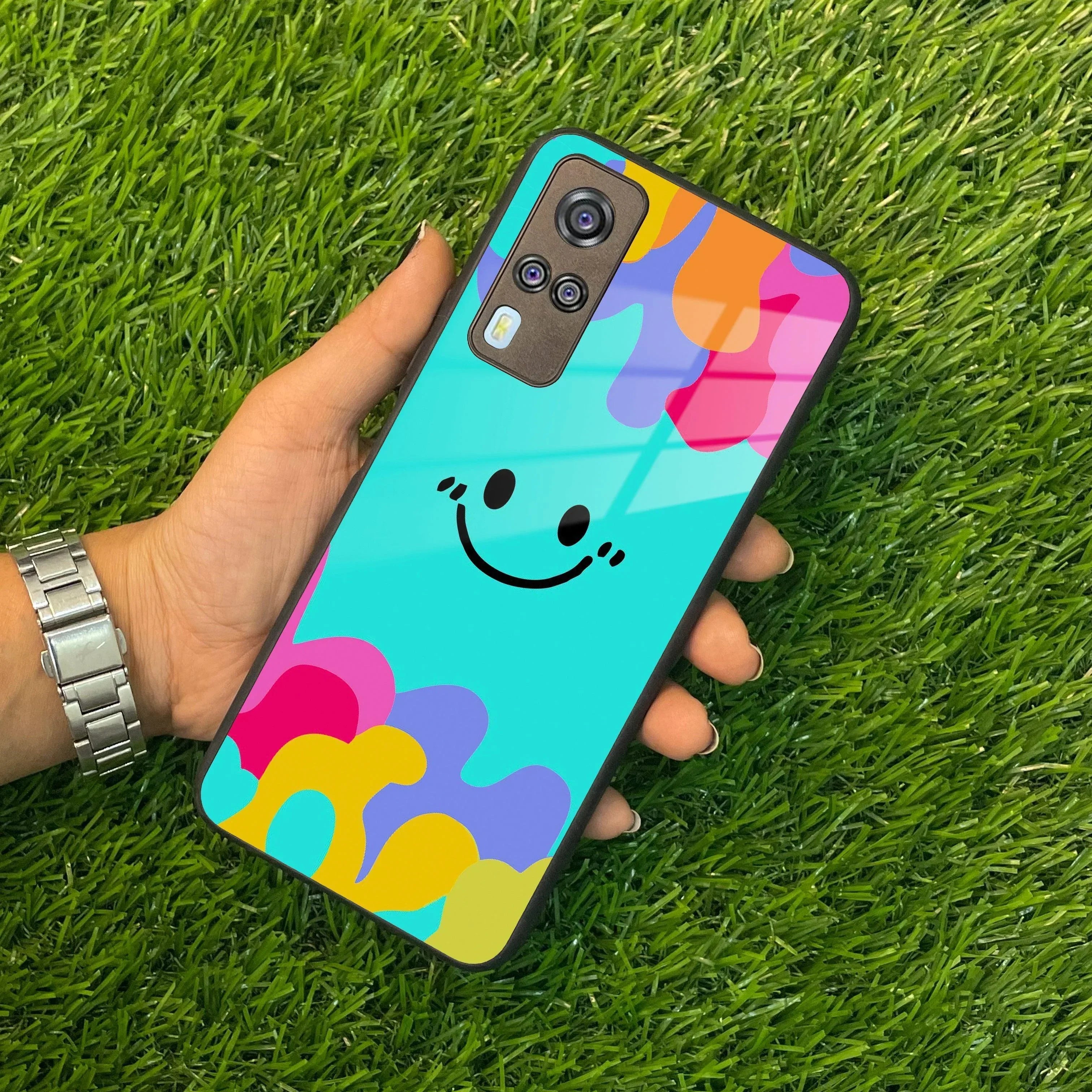 Cute Blue Smiley Multicolor Glass Case For Vivo - ShopOnCliQ