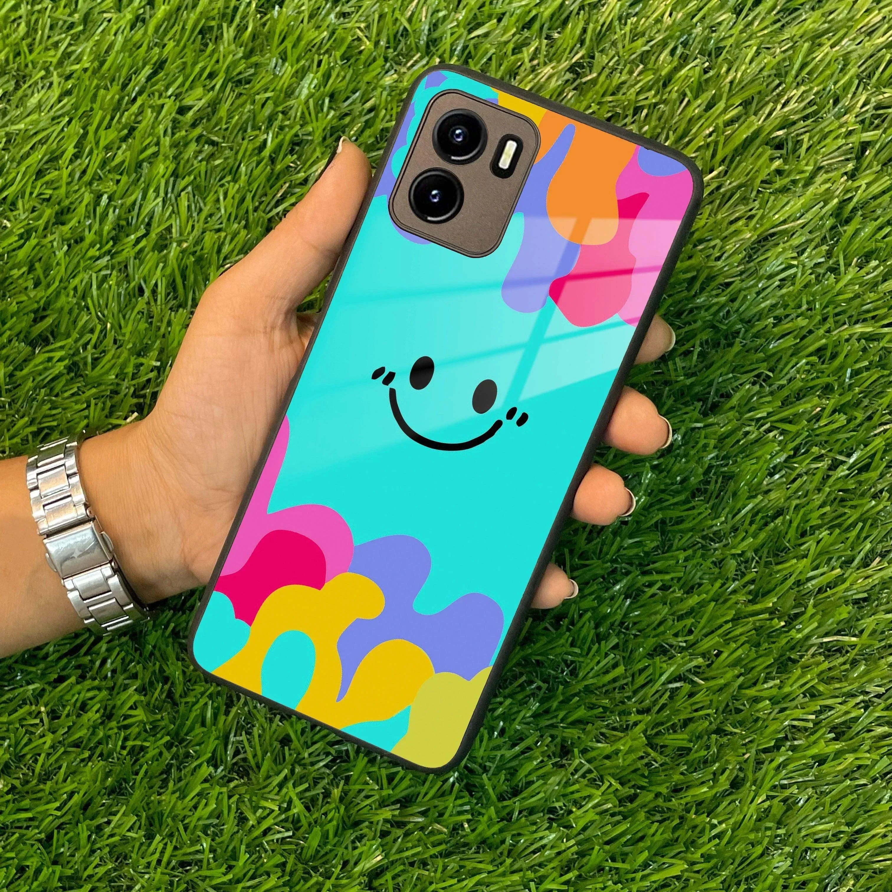 Cute Blue Smiley Multicolor Glass Case For Vivo - ShopOnCliQ